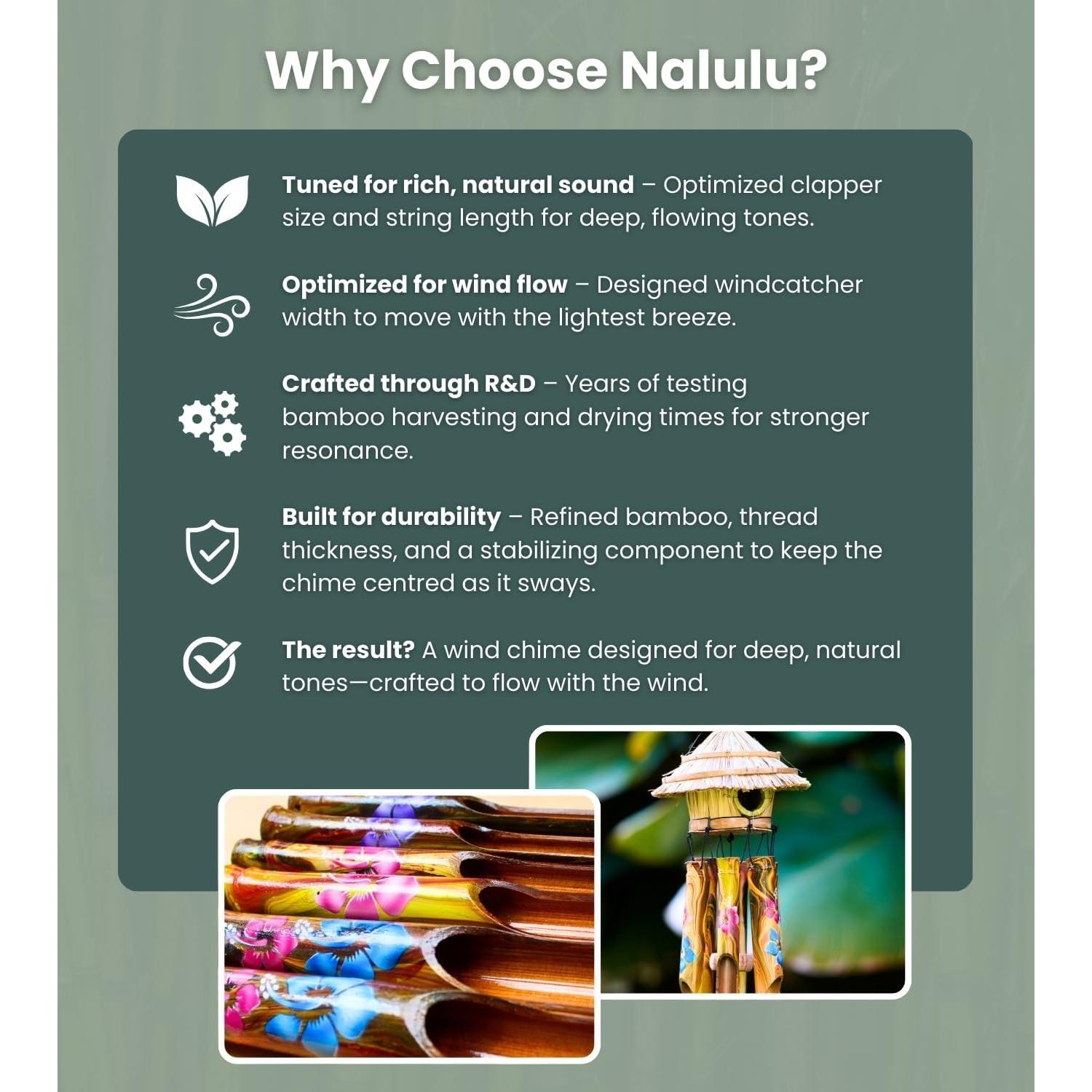 Campana de Viento de Bambú Nalulu Flory - Hecha a Mano, 40.6 cm