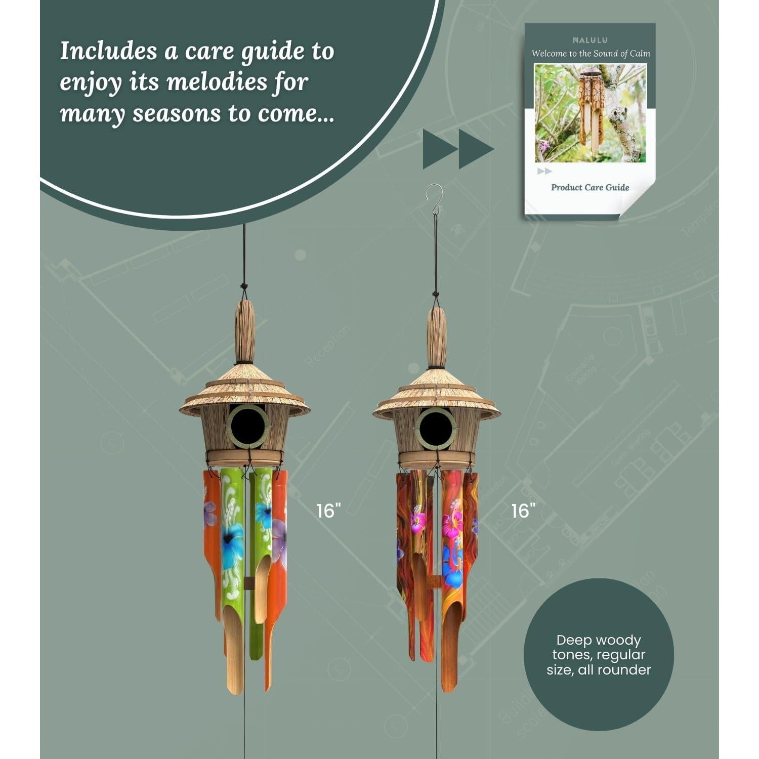 Campana de Viento de Bambú Nalulu Flory - Hecha a Mano, 40.6 cm