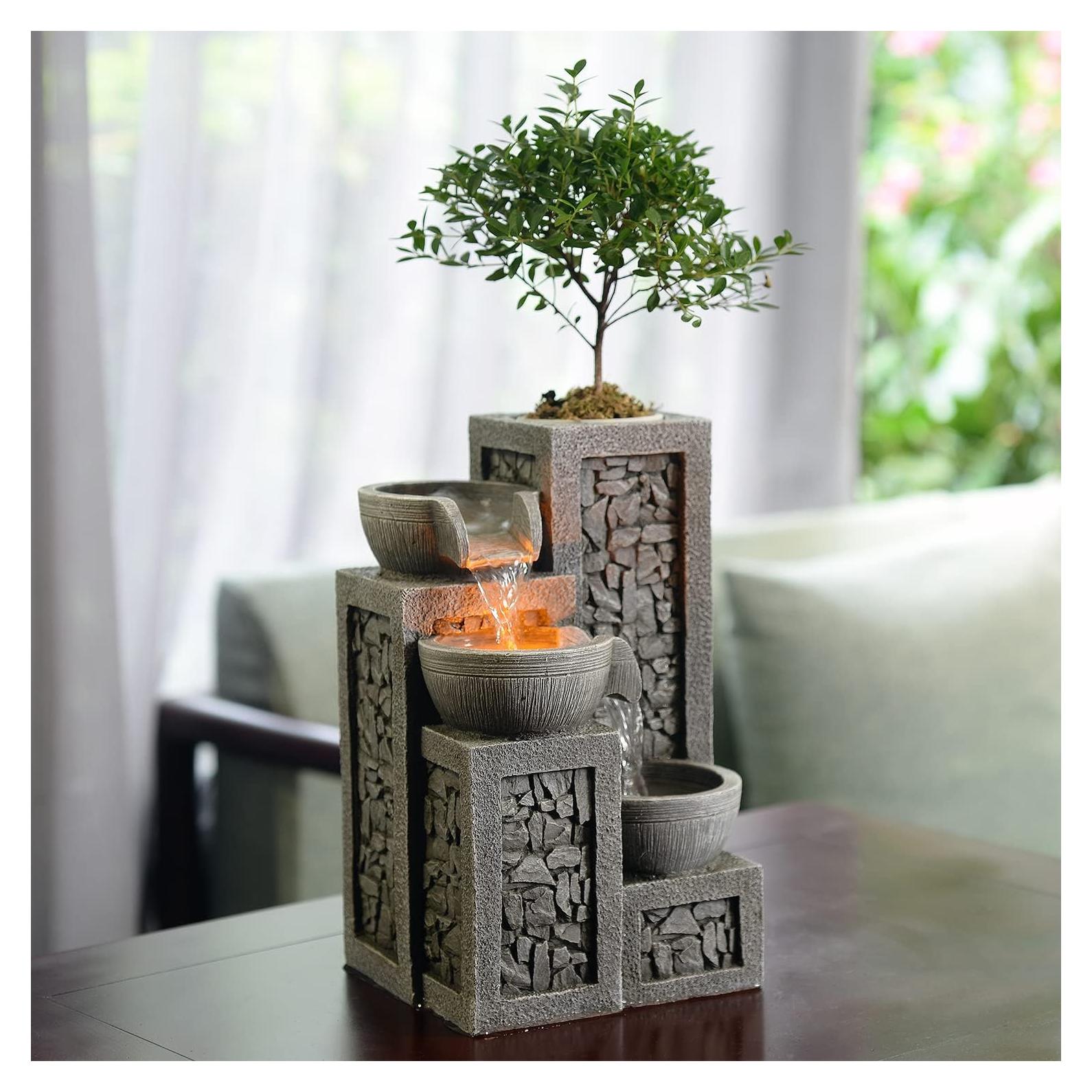 Fuente de Agua de Mesa Kalona 3 Niveles con Luz LED y Maceta