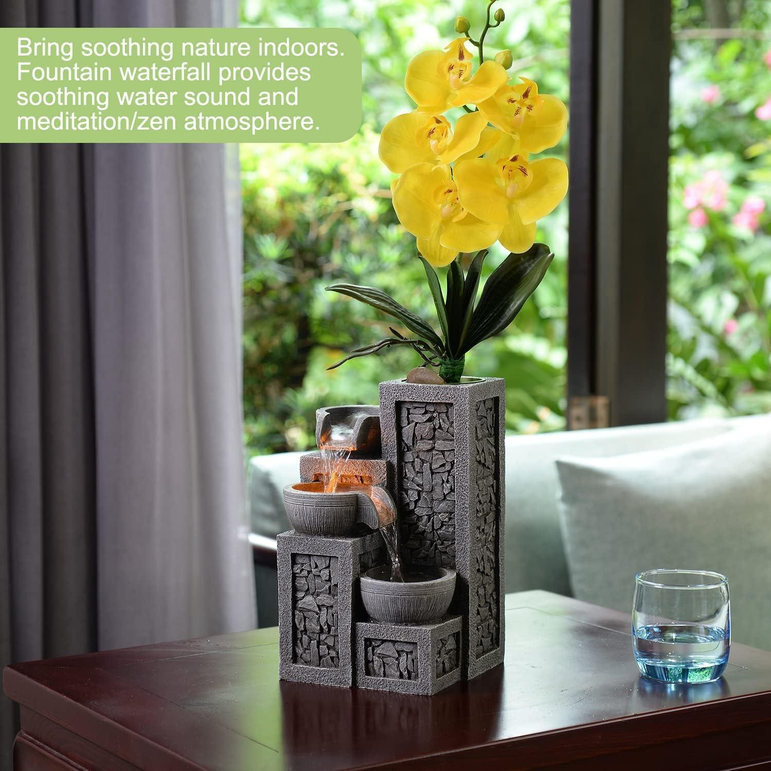 Fuente de Agua de Mesa Kalona 3 Niveles con Luz LED y Maceta