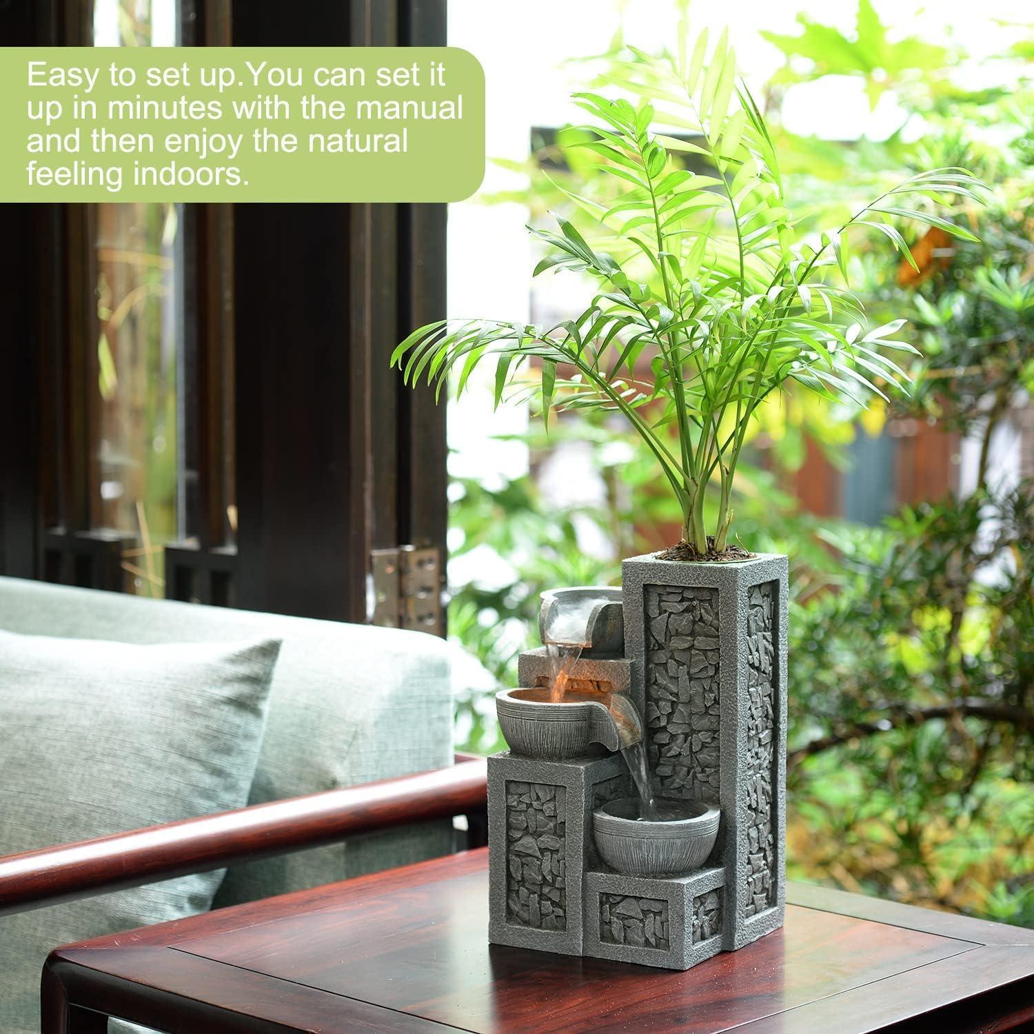 Fuente de Agua de Mesa Kalona 3 Niveles con Luz LED y Maceta