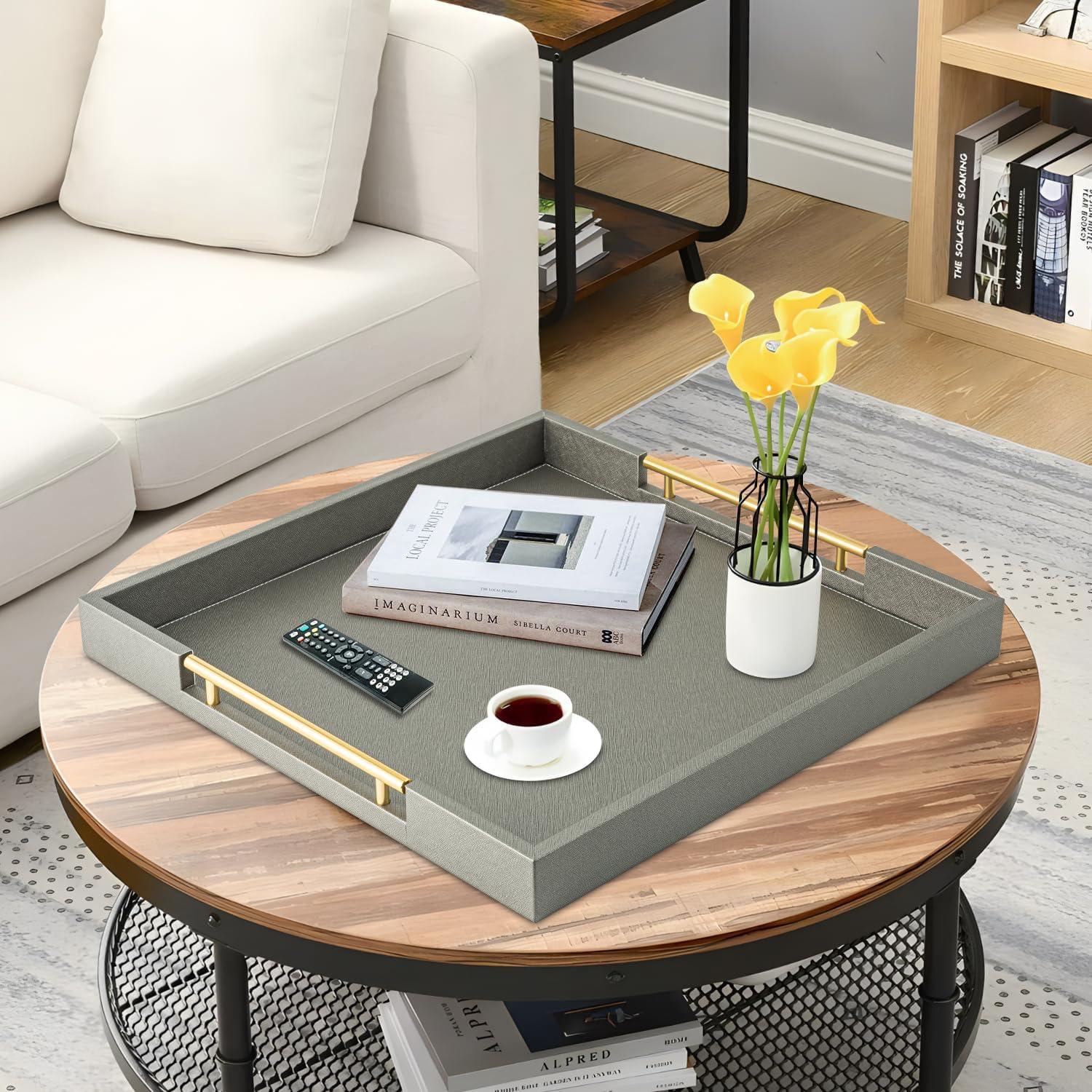 Bandeja de servicio SYYSY de cuero sintético gris 50.8x50.8cm