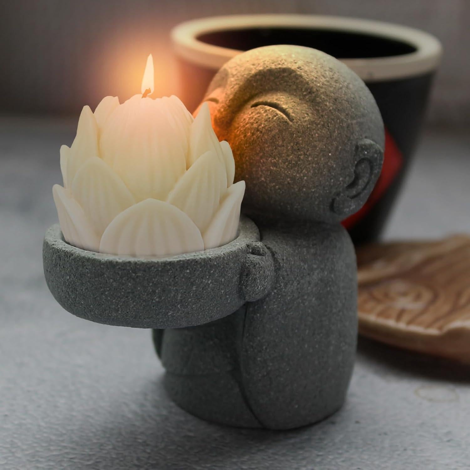 Estatua de Buda Pequeña de Arenisca con Soporte para Vela - 9x8.8x5.5 cm