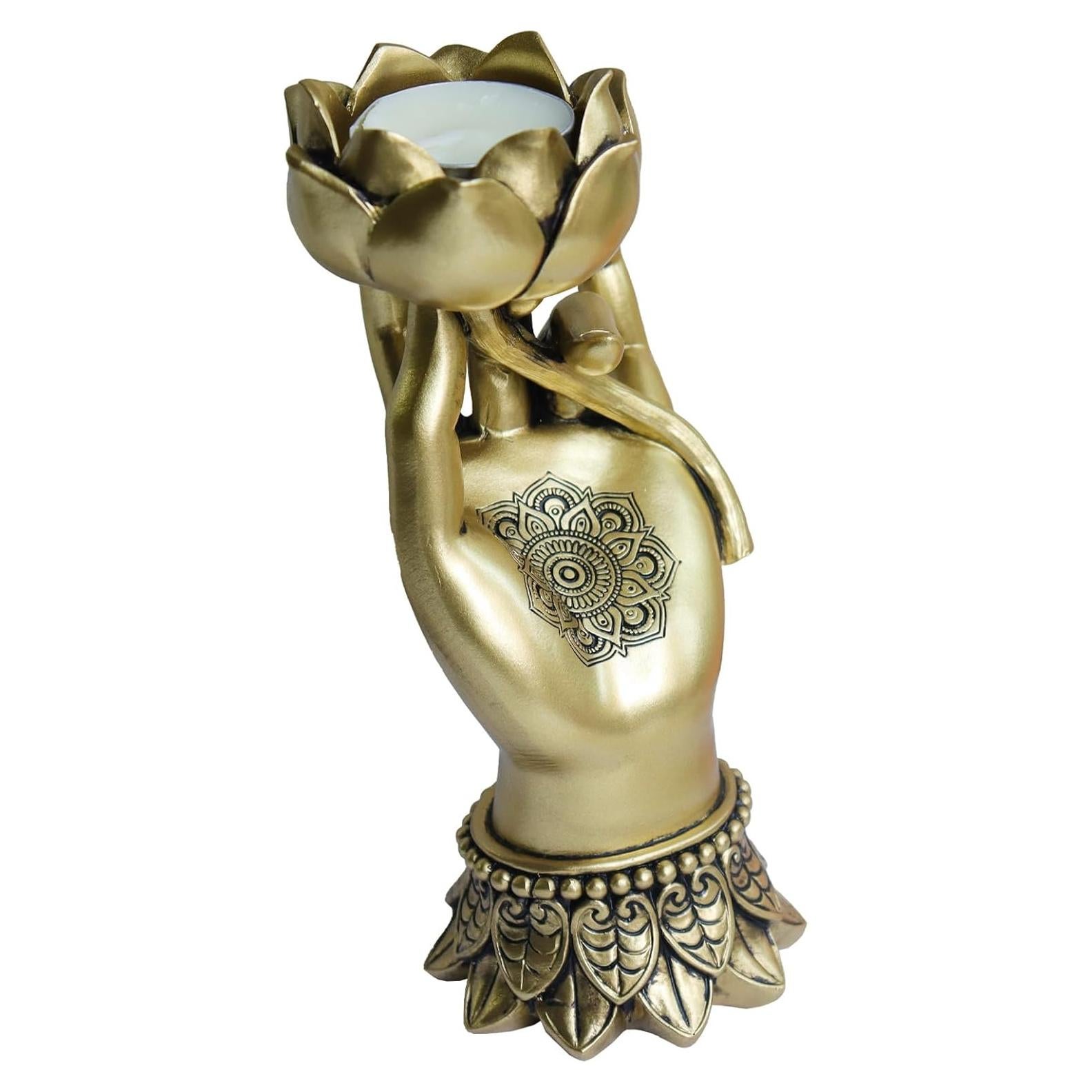 Soporte de Vela Tealight Pigort Loto en Mano Dorado 18.3cm