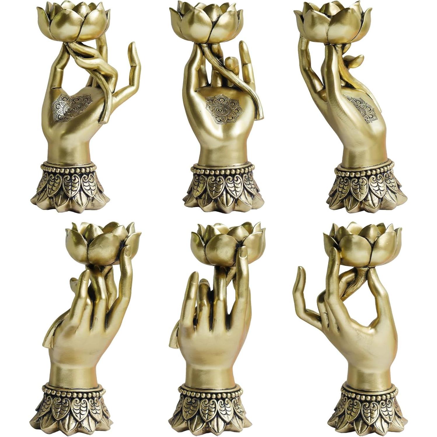 Soporte de Vela Tealight Pigort Loto en Mano Dorado 18.3cm