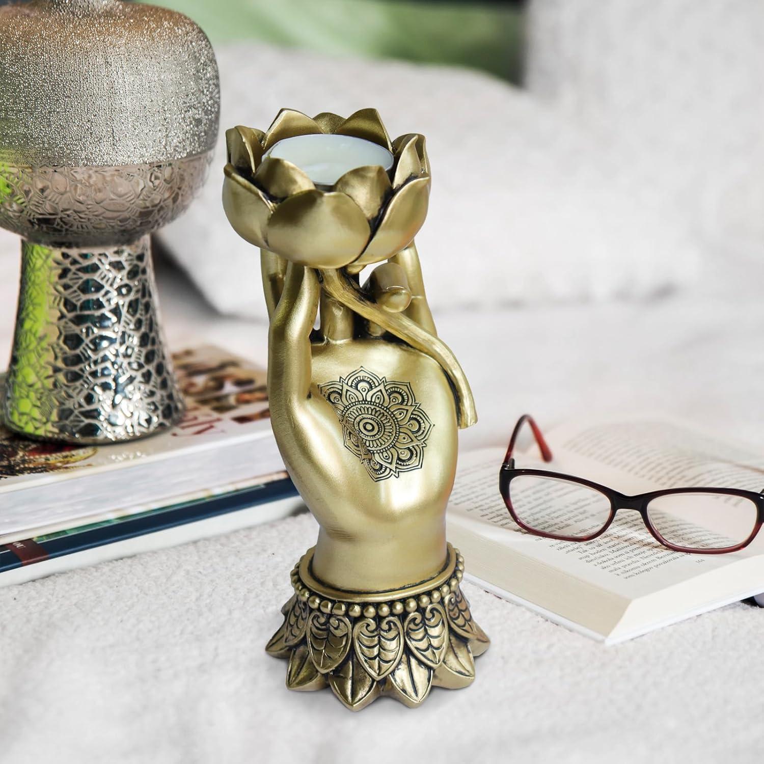 Soporte de Vela Tealight Pigort Loto en Mano Dorado 18.3cm