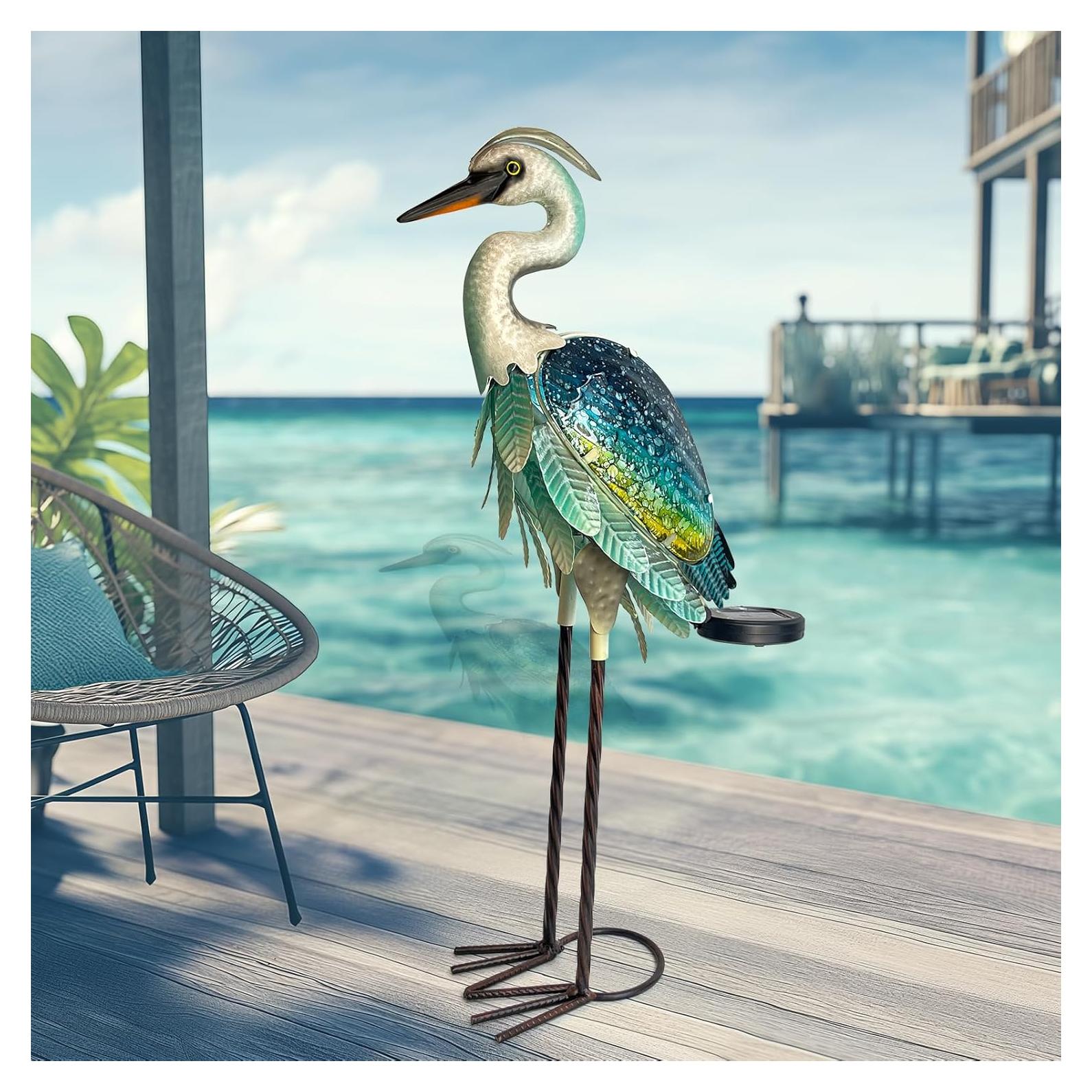 HONGLAND Solar Heron Metal Crane Statue Garden Heron Sculpture, Glass Outdoor Crane Yard Art Coastal Ocean Bird Decor 24 Inch Lawn Ornament for Backyard Porch Patio Decor（Green）