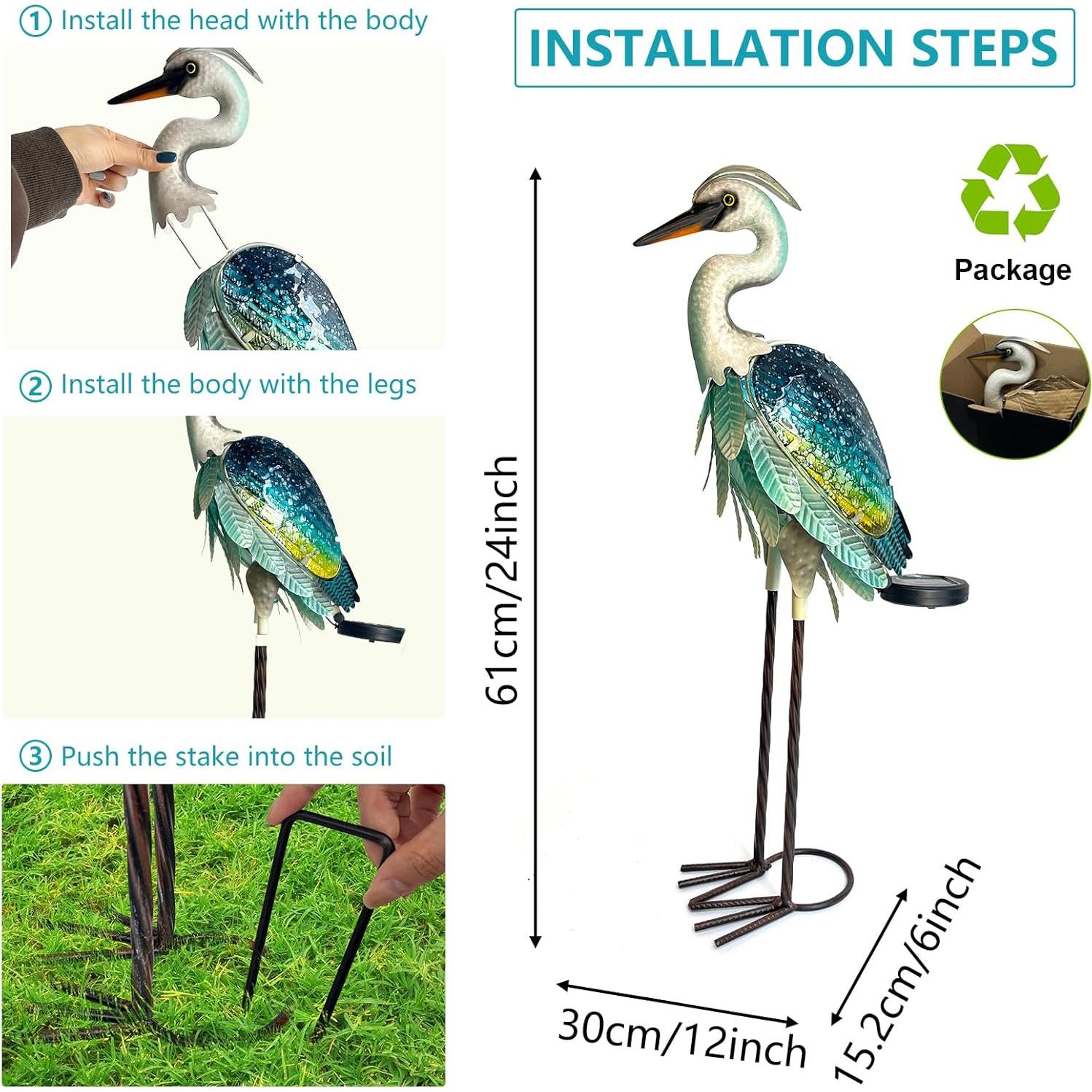 HONGLAND Solar Heron Metal Crane Statue Garden Heron Sculpture, Glass Outdoor Crane Yard Art Coastal Ocean Bird Decor 24 Inch Lawn Ornament for Backyard Porch Patio Decor（Green）