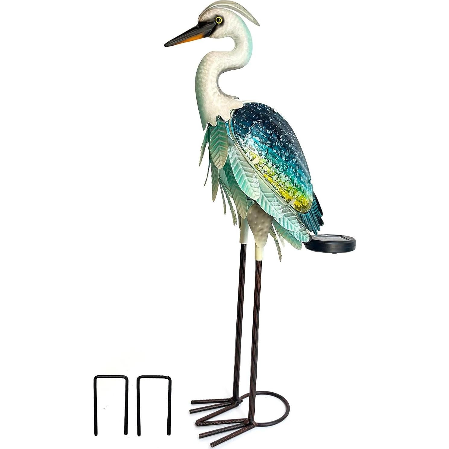 HONGLAND Solar Heron Metal Crane Statue Garden Heron Sculpture, Glass Outdoor Crane Yard Art Coastal Ocean Bird Decor 24 Inch Lawn Ornament for Backyard Porch Patio Decor（Green）