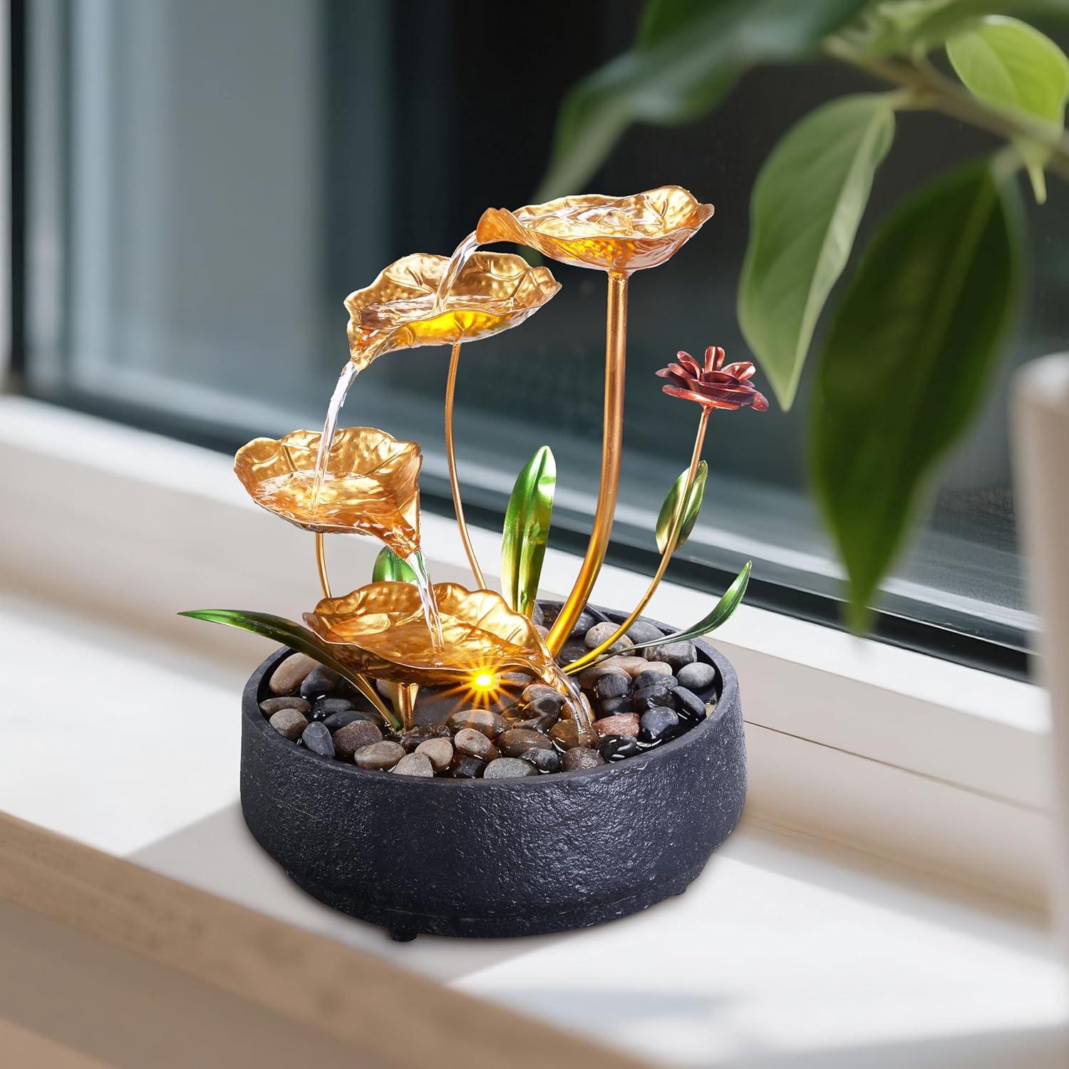 Fuente de Mesa Loto Metálico 21.5x21x28cm Decoración Zen