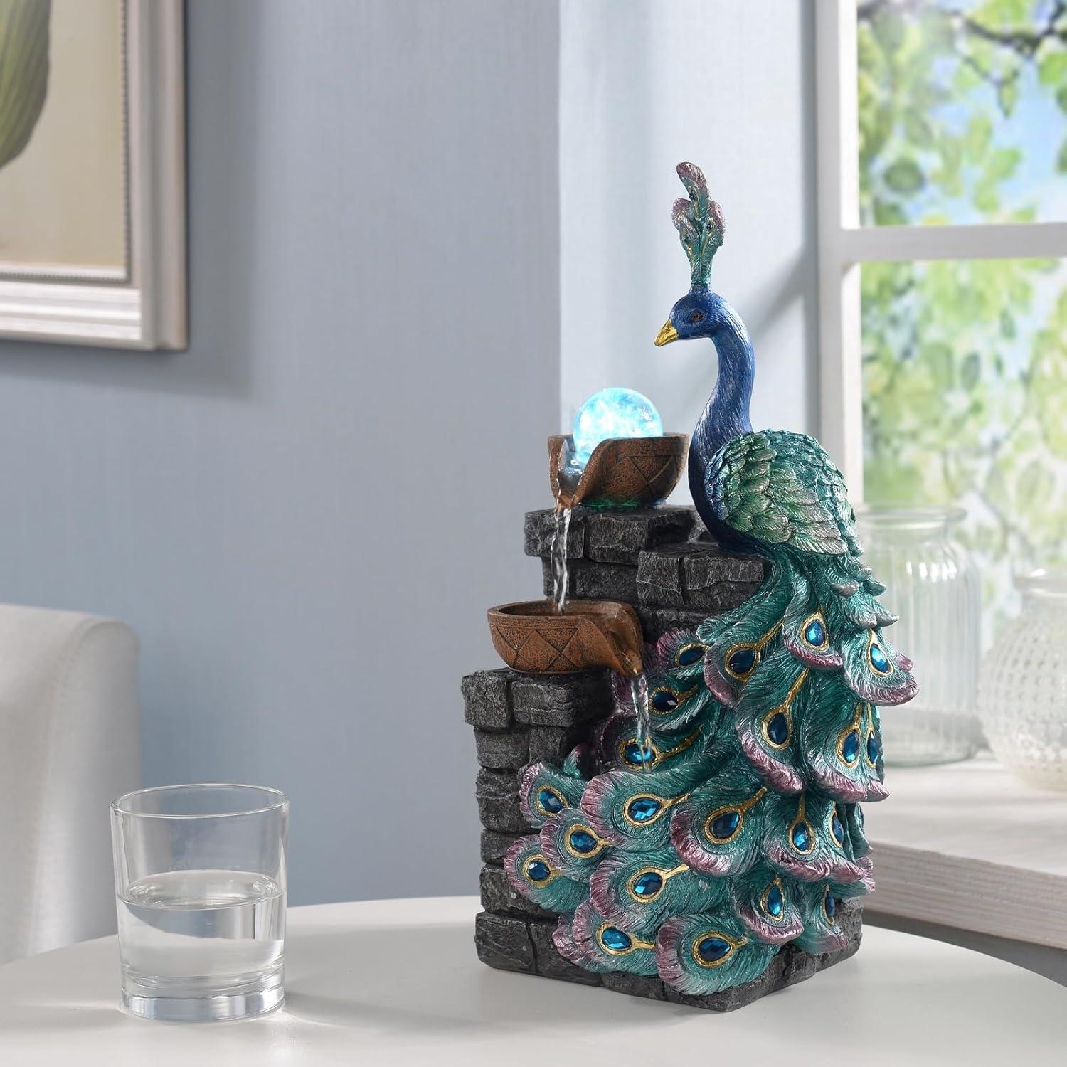 Fuente de Agua Zen MAOCHI Pavo Real con Globo LED 34.93 cm