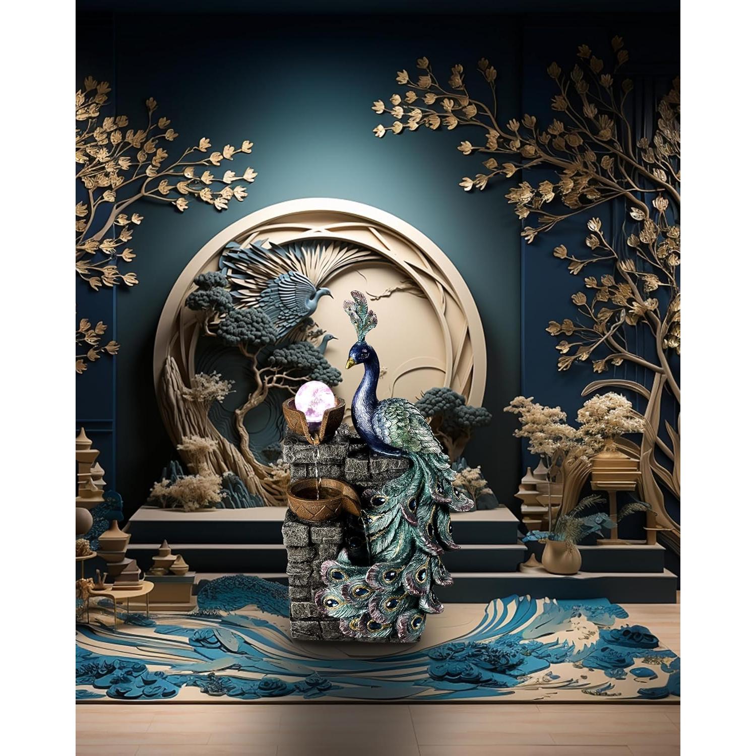 Fuente de Agua Zen MAOCHI Pavo Real con Globo LED 34.93 cm