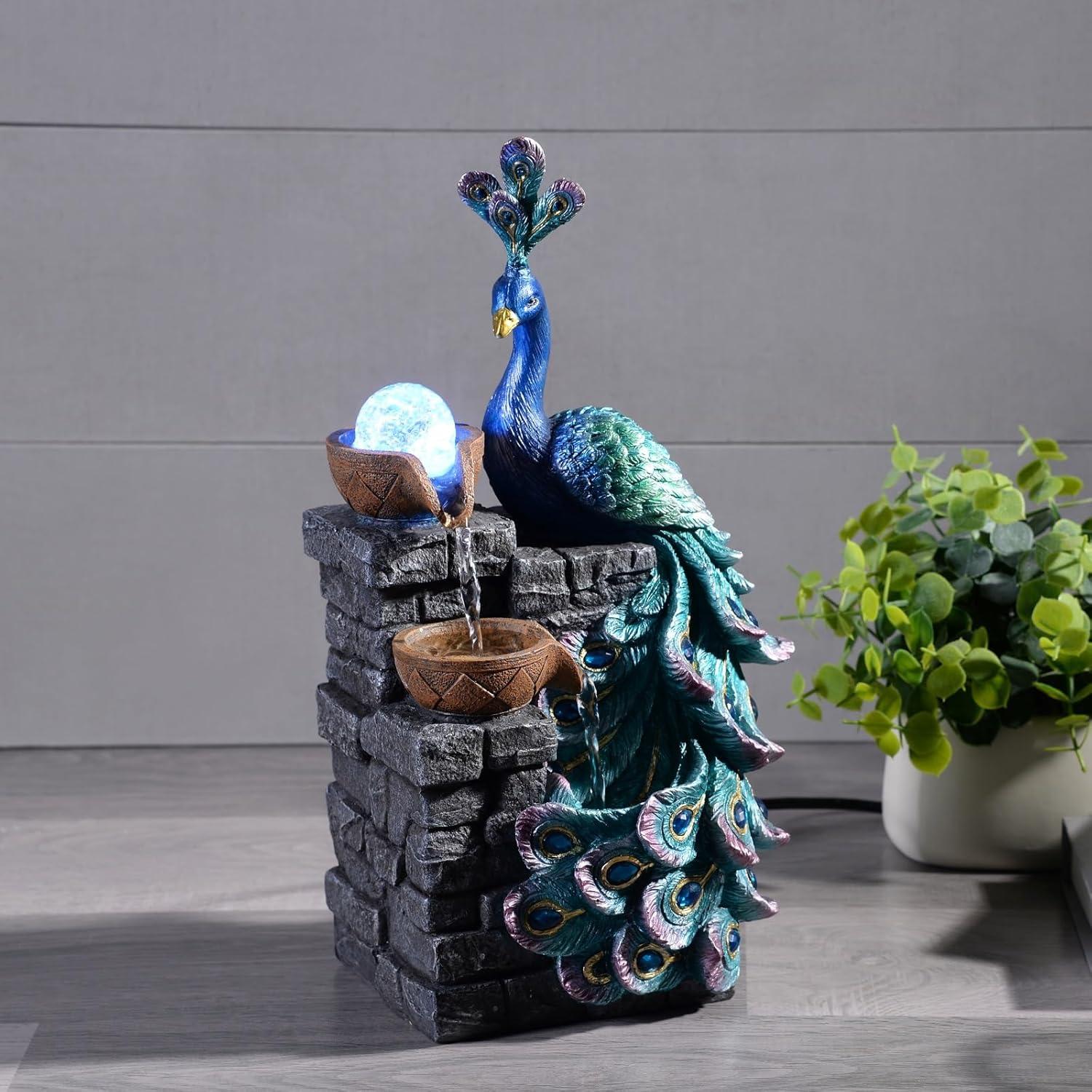 Fuente de Agua Zen MAOCHI Pavo Real con Globo LED 34.93 cm