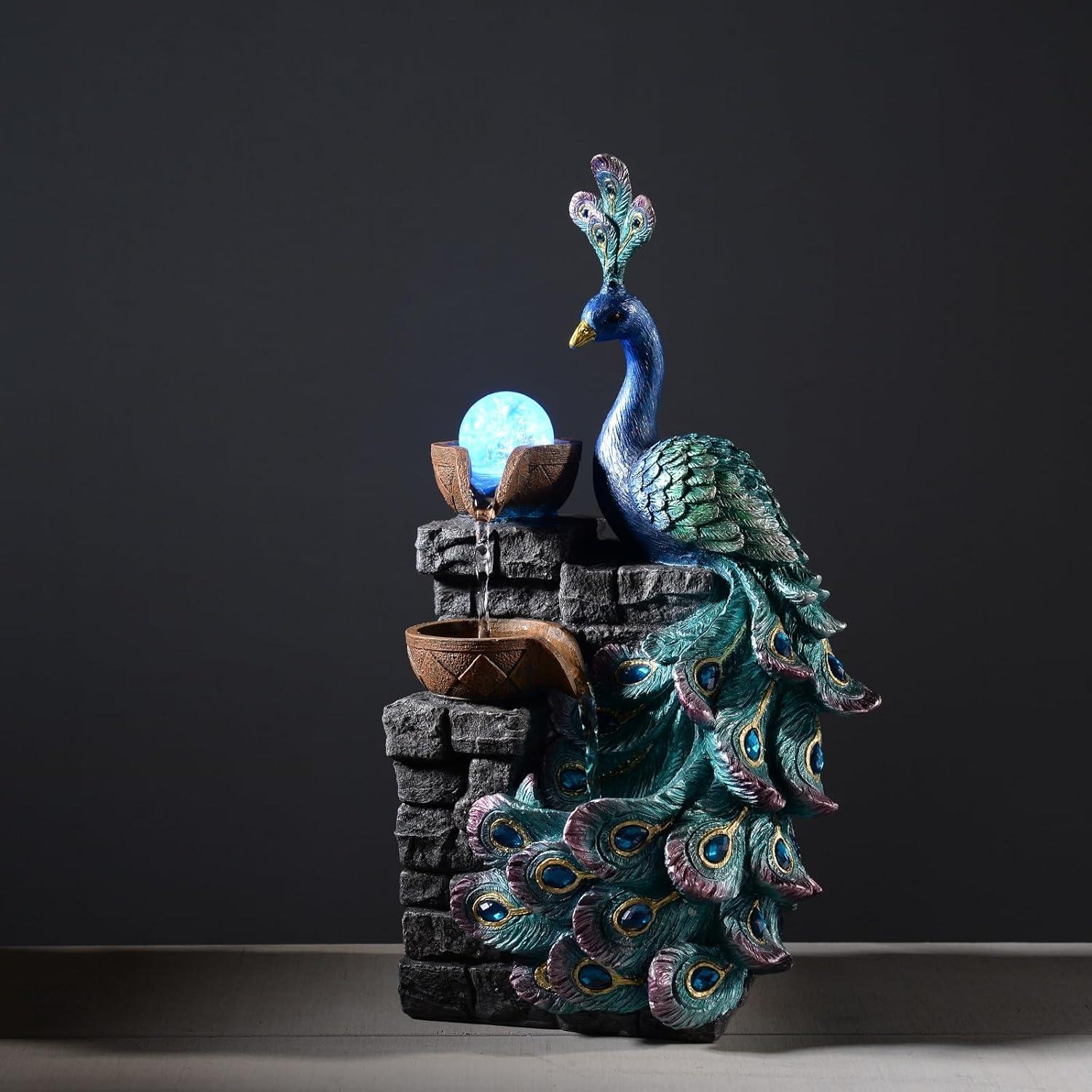 Fuente de Agua Zen MAOCHI Pavo Real con Globo LED 34.93 cm