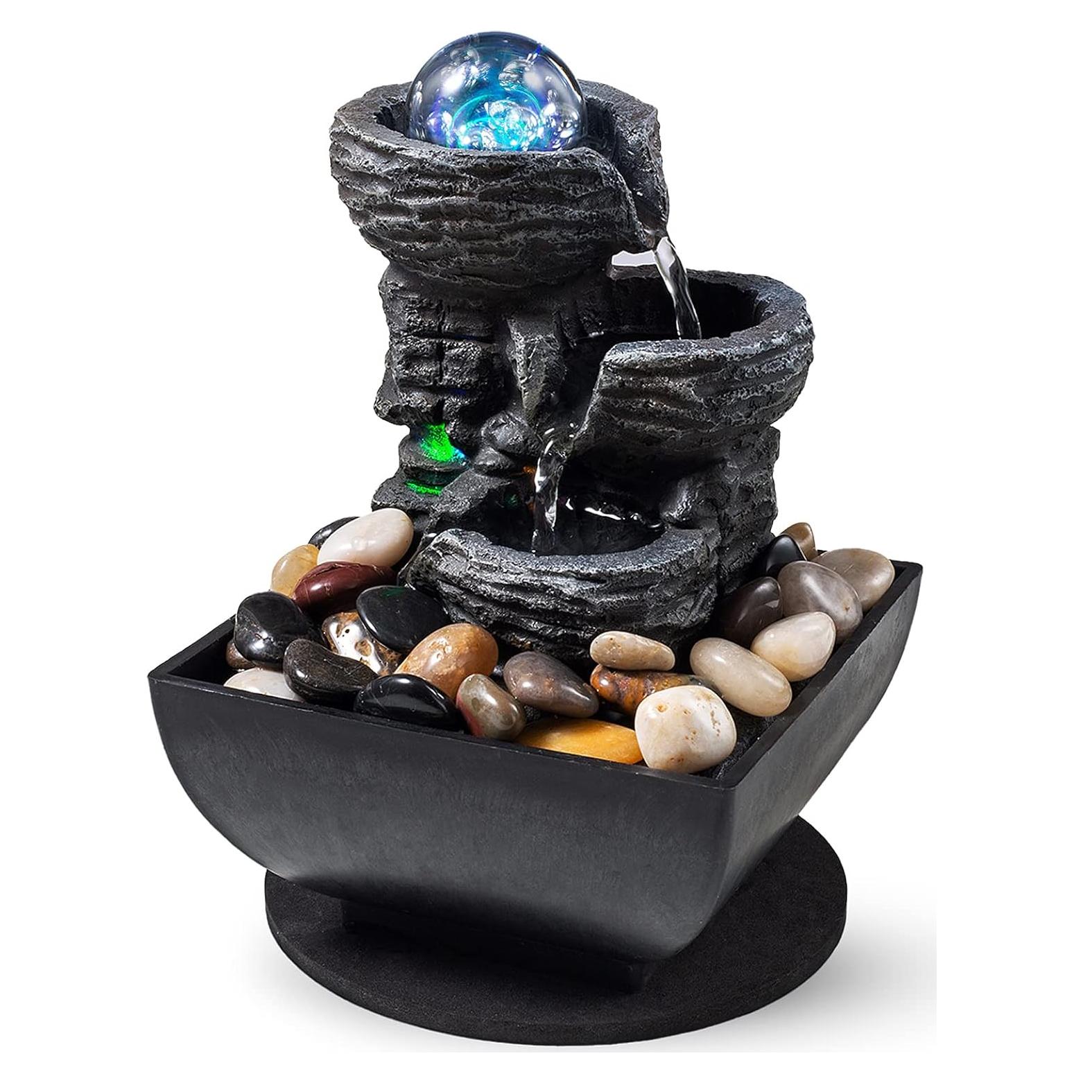 Fuente de Agua de Meditación AMOOTEK con LED y Piedras Naturales