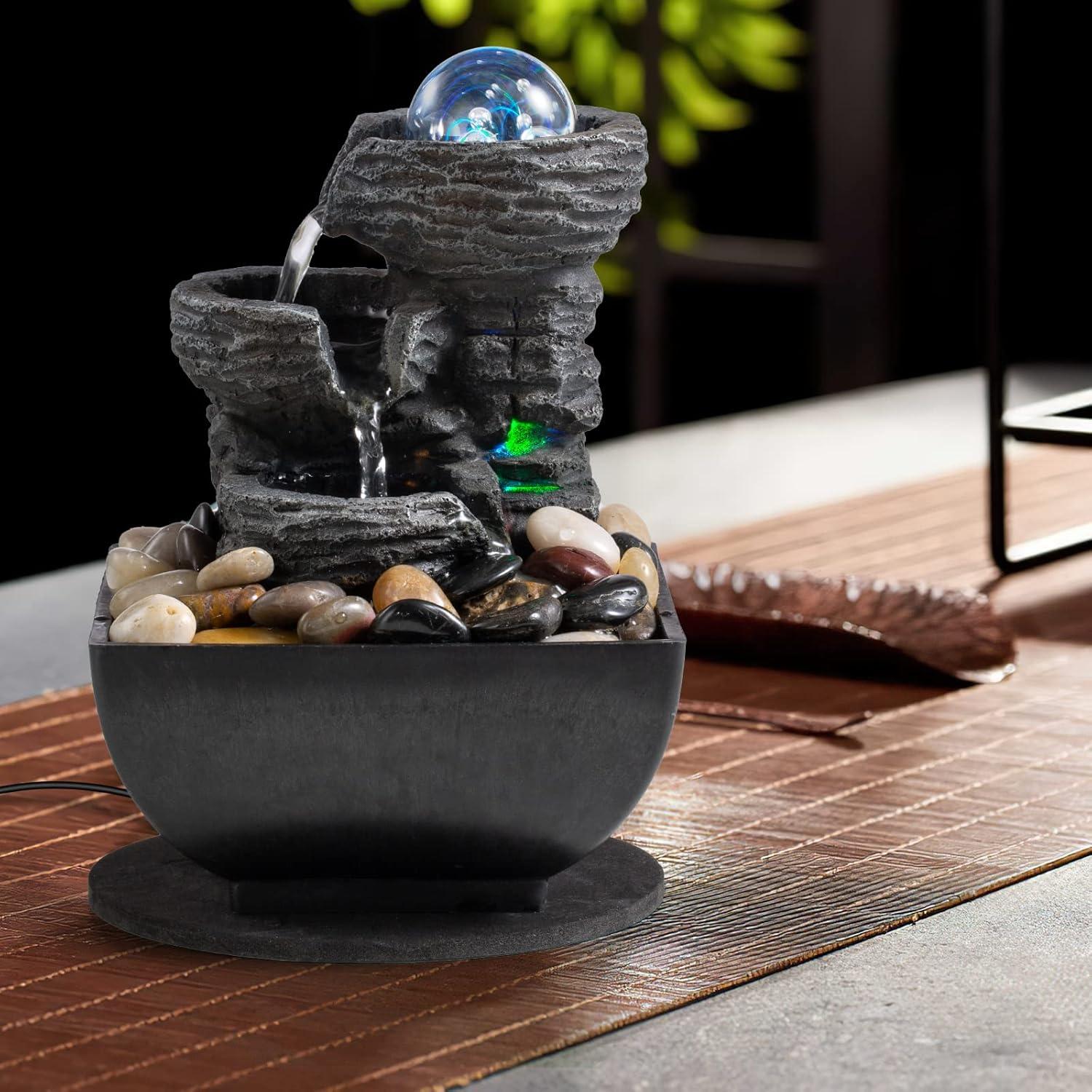 Fuente de Agua de Meditación AMOOTEK con LED y Piedras Naturales