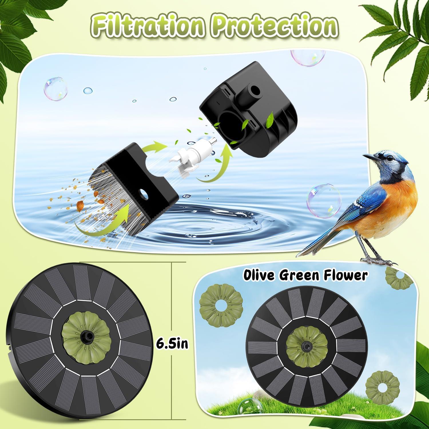 Fuente Solar de Agua Yzert con Panel Eficiente y Flor Verde Oliva