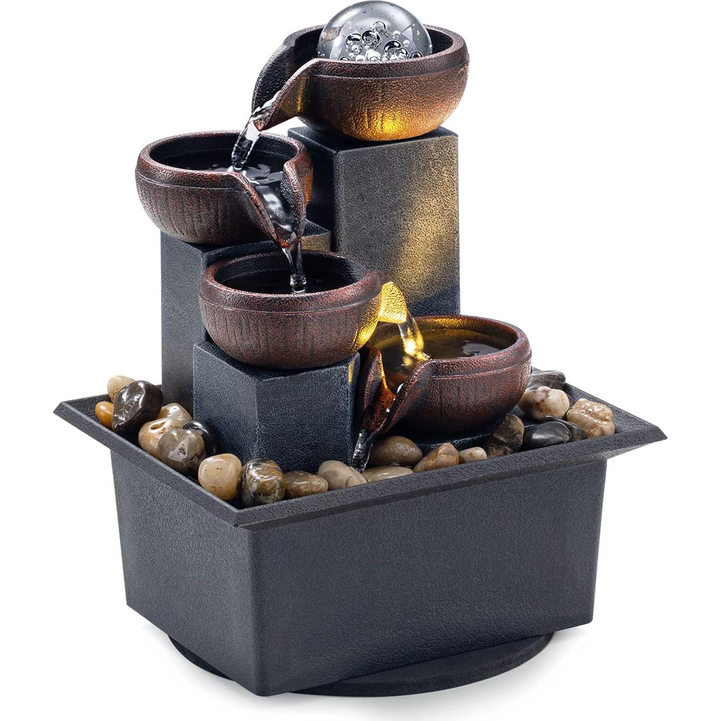 Fuente de Agua Meditativa AMOOTEK 4 Niveles con LED 19cm