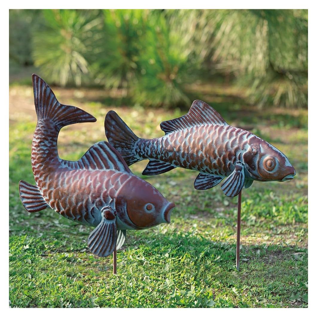Conjunto de 2 Estatuas de Peces Koi Cobre Antiguo 27.4x40.3cm