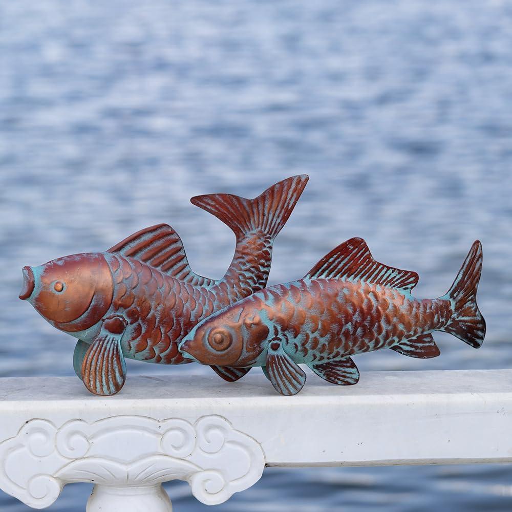Conjunto de 2 Estatuas de Peces Koi Cobre Antiguo 27.4x40.3cm