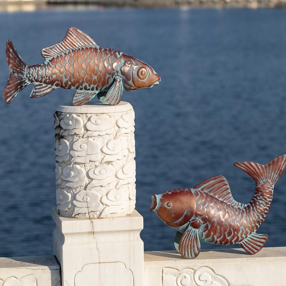 Conjunto de 2 Estatuas de Peces Koi Cobre Antiguo 27.4x40.3cm