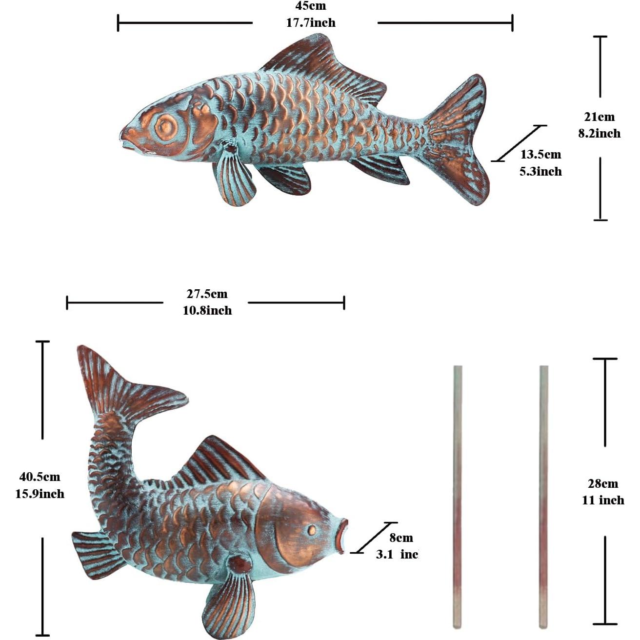 Conjunto de 2 Estatuas de Peces Koi Cobre Antiguo 27.4x40.3cm