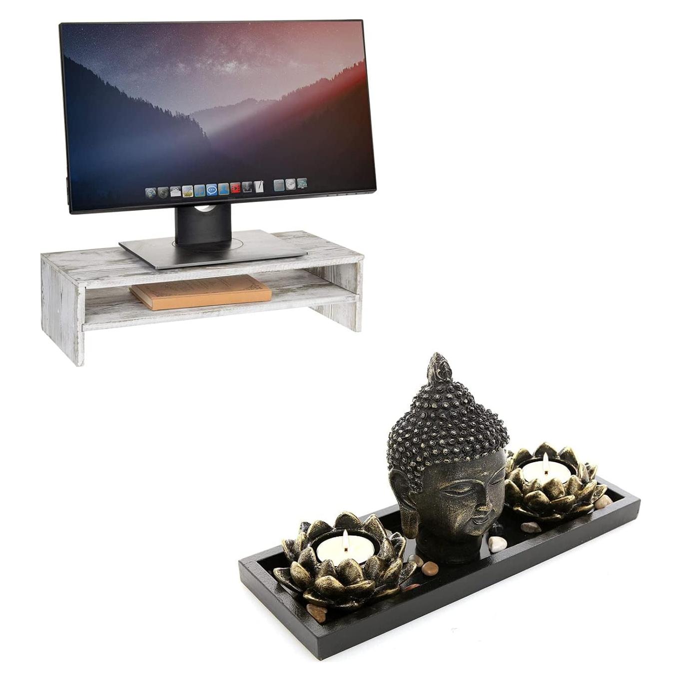 Conjunto Jardín Zen MyGift con Escultura Buda y Soporte Monitor