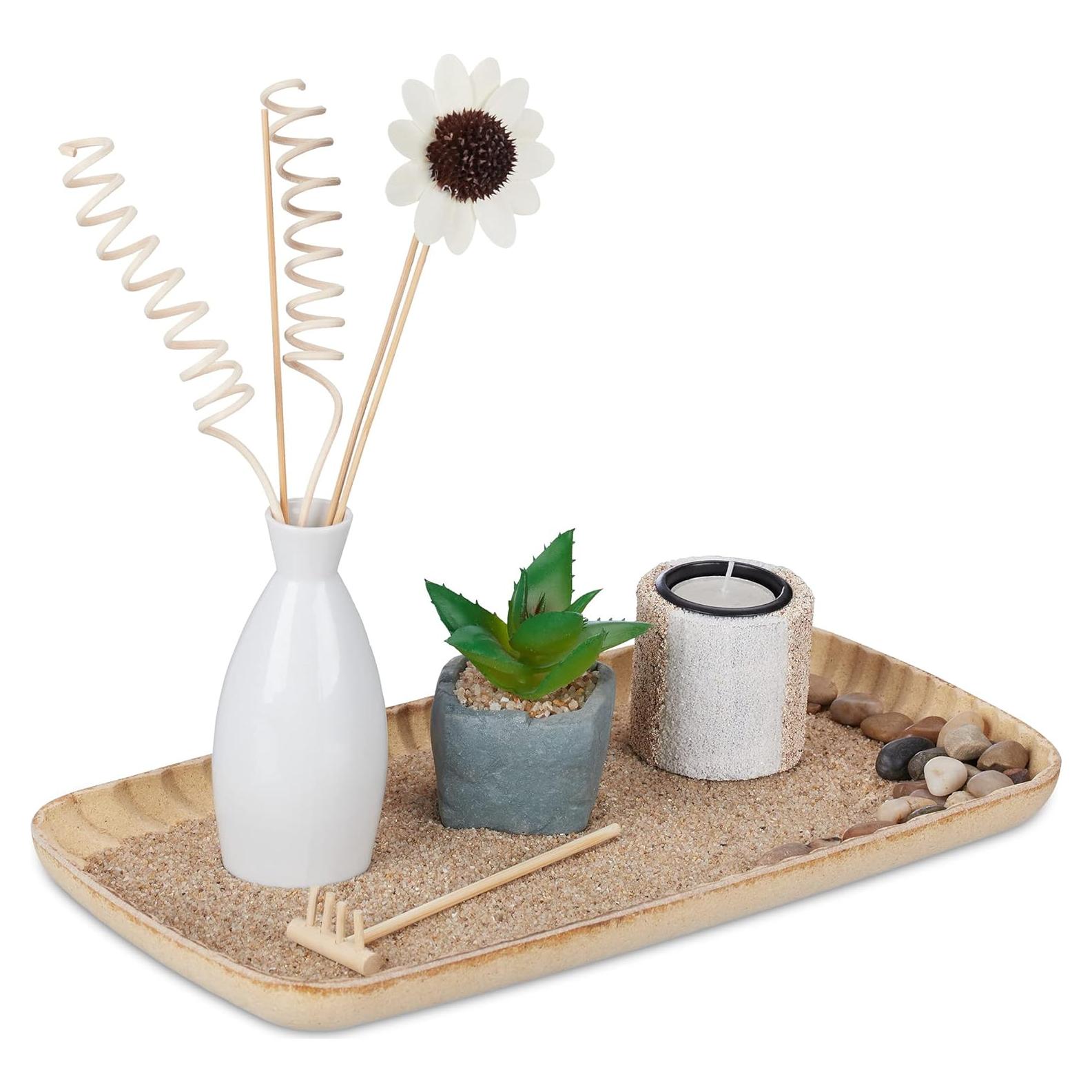 Relaxdays Candle Holder Set, Zen Garden, Tray, Sand & Stones, Decorative Plant, H x W x D: Approx. 26 x 34 x 17.5 cm, Ceramics