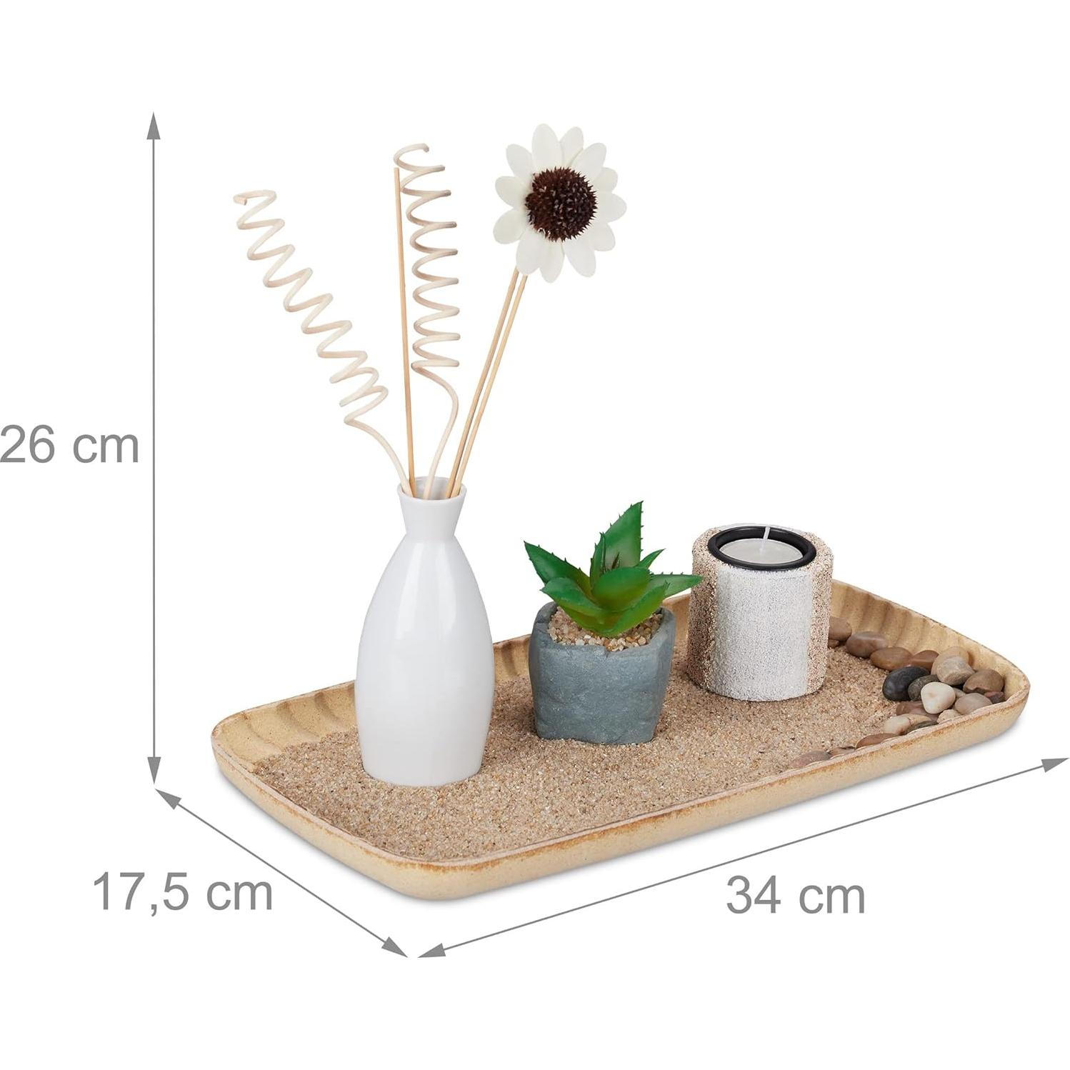 Relaxdays Candle Holder Set, Zen Garden, Tray, Sand & Stones, Decorative Plant, H x W x D: Approx. 26 x 34 x 17.5 cm, Ceramics