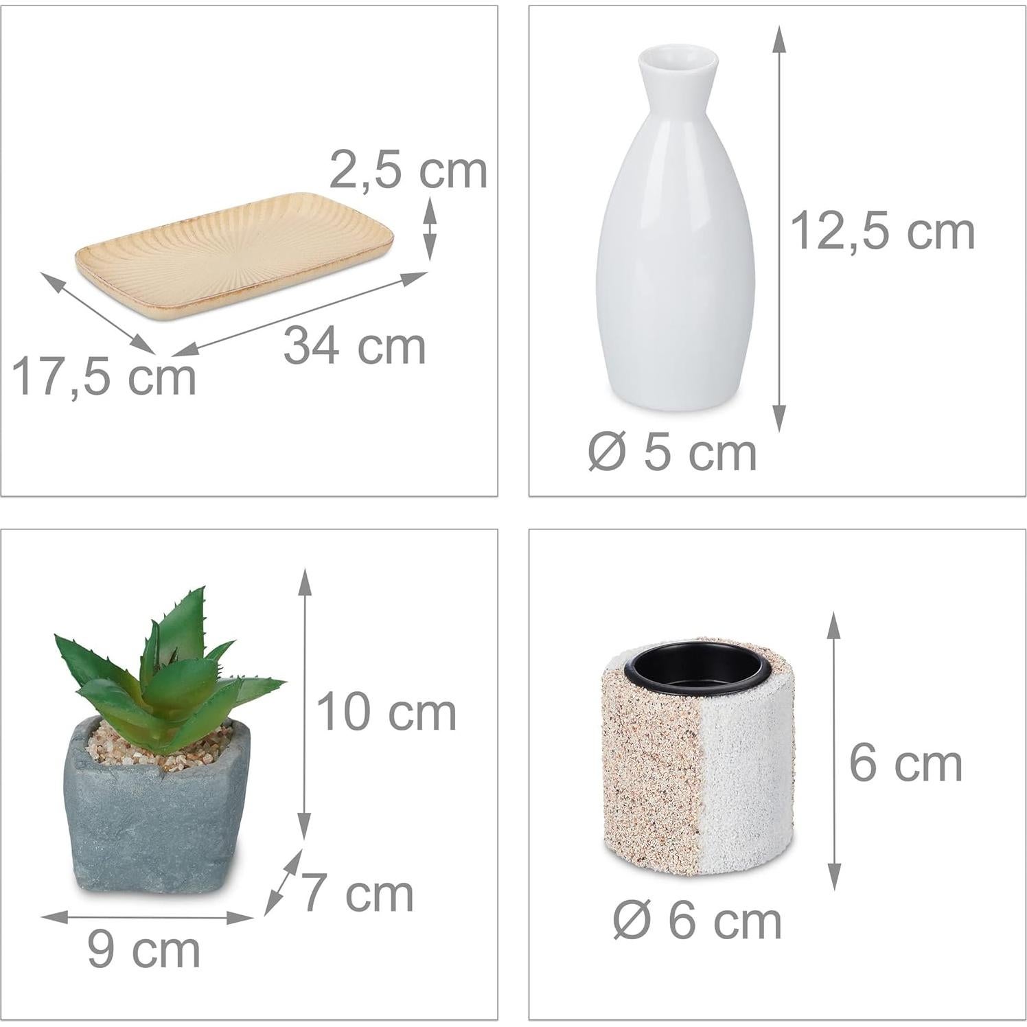 Relaxdays Candle Holder Set, Zen Garden, Tray, Sand & Stones, Decorative Plant, H x W x D: Approx. 26 x 34 x 17.5 cm, Ceramics