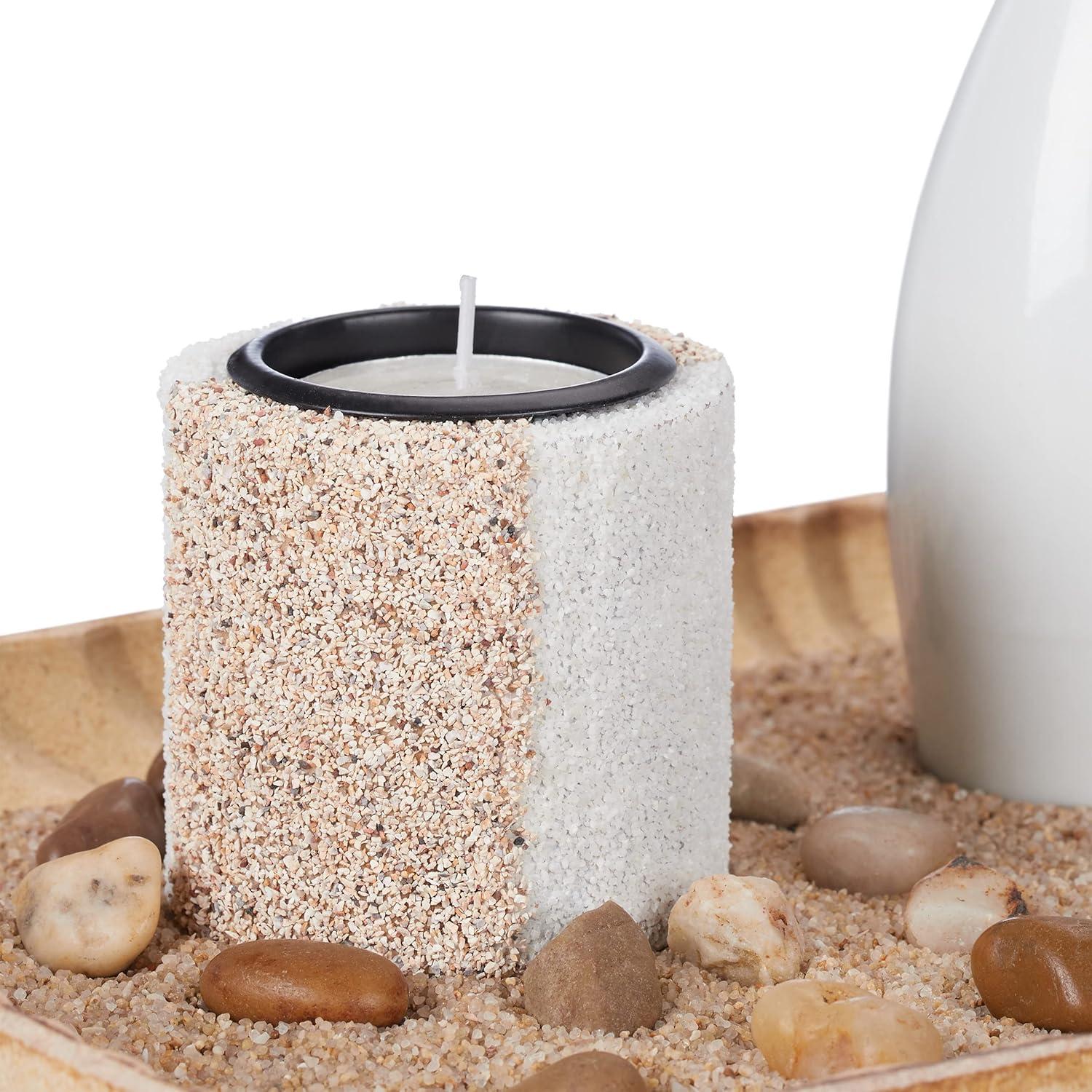 Relaxdays Candle Holder Set, Zen Garden, Tray, Sand & Stones, Decorative Plant, H x W x D: Approx. 26 x 34 x 17.5 cm, Ceramics