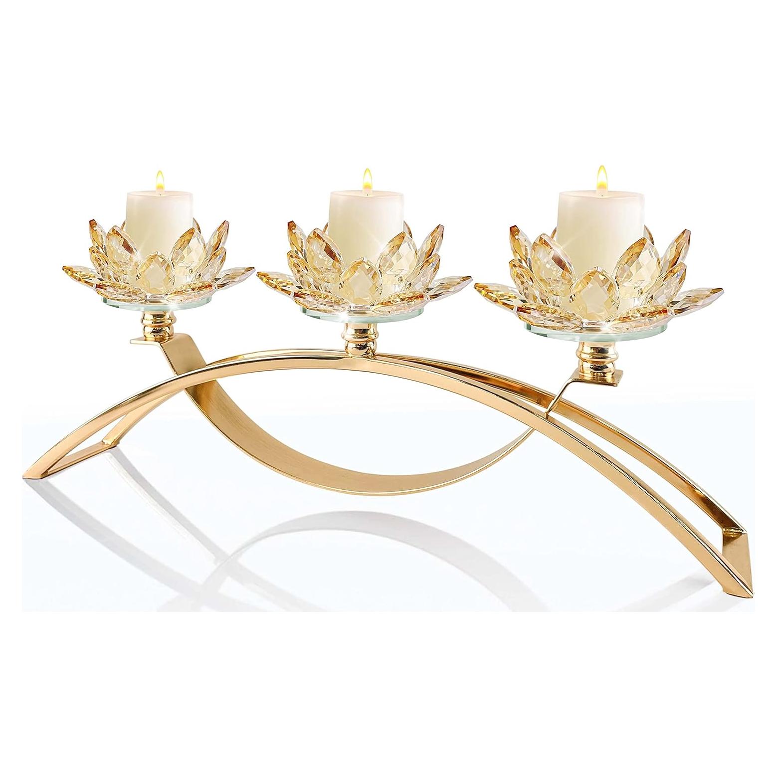Candelabro de Cristal Kolnlala para Mesa 3 Brazos Oro