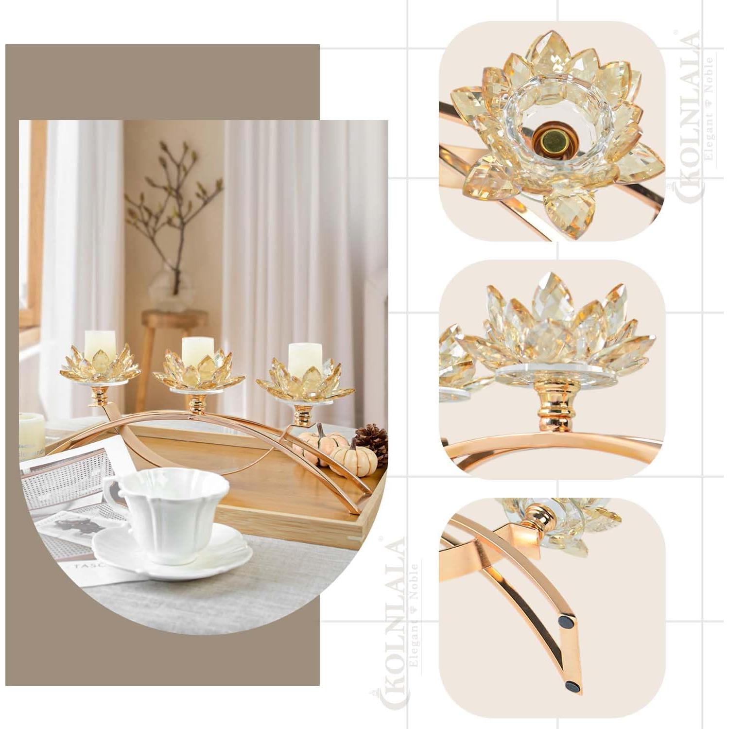 Candelabro de Cristal Kolnlala para Mesa 3 Brazos Oro