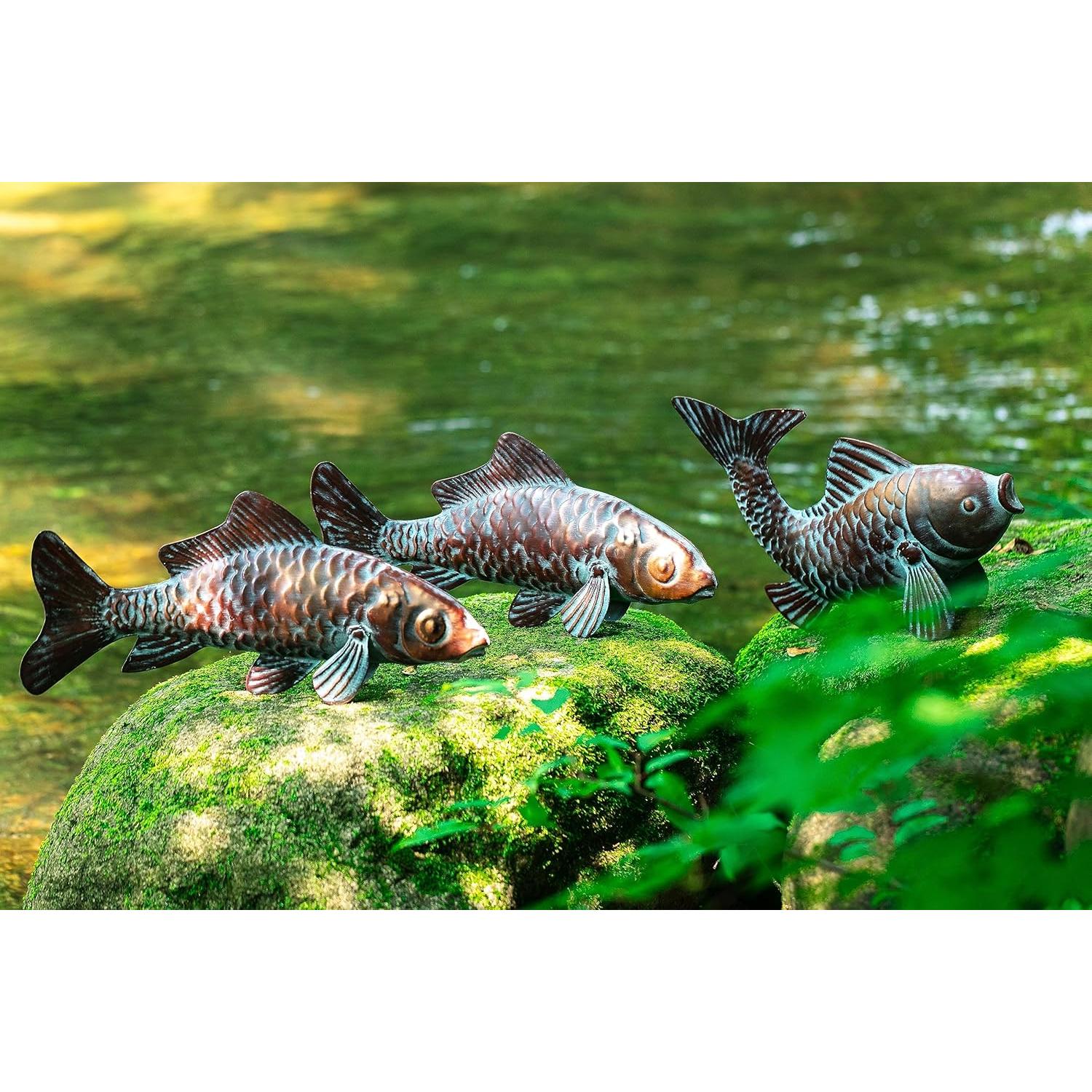 Conjunto de 3 Estatuas de Koi CLYB en Cobre Antiguo 27.4x40.4cm
