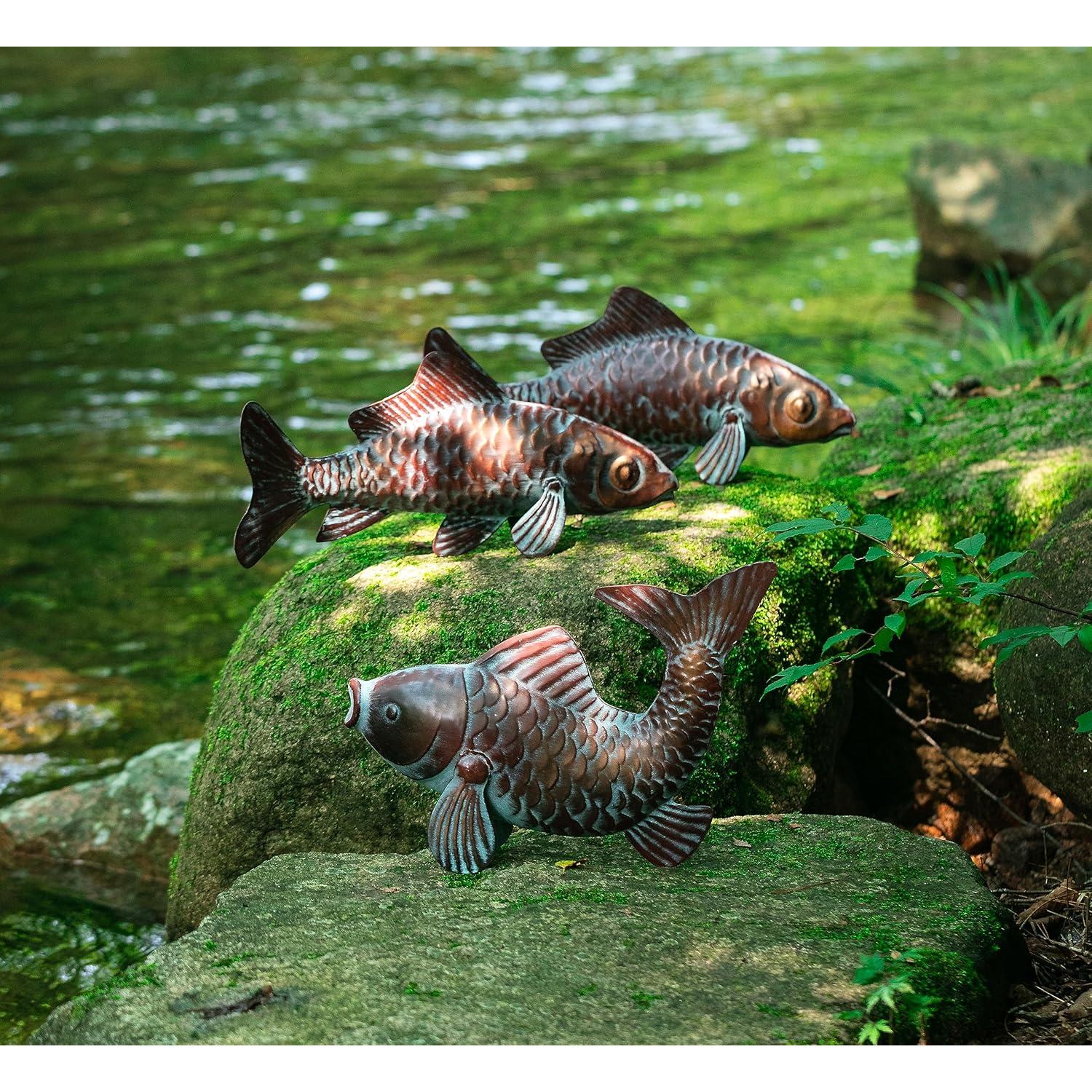Conjunto de 3 Estatuas de Koi CLYB en Cobre Antiguo 27.4x40.4cm