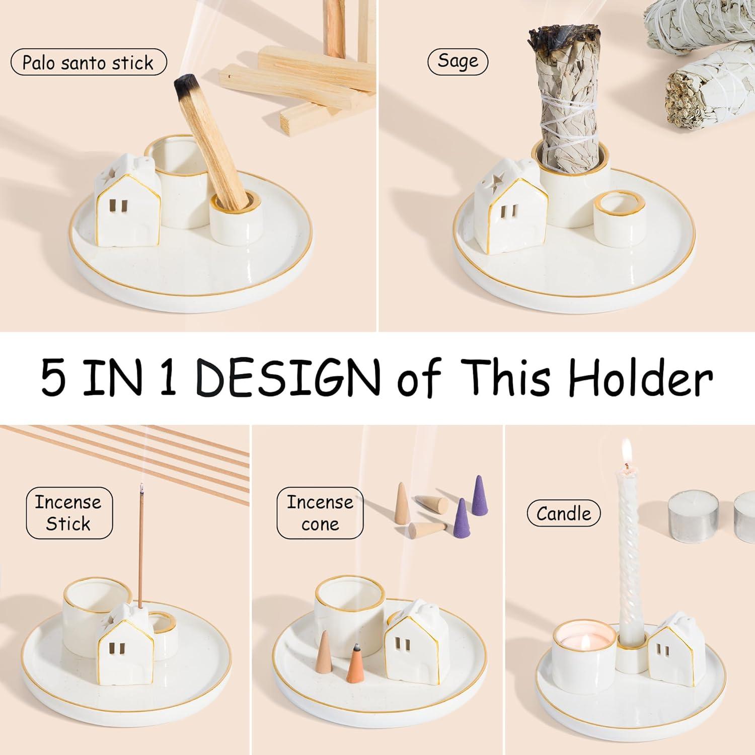 Soporte para Incienso ZenBless 5 en 1 Cerámica Blanca 15cm