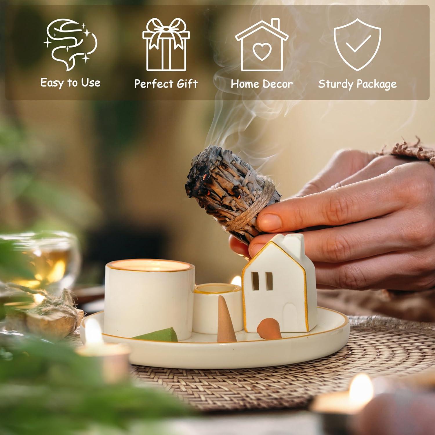 Soporte para Incienso ZenBless 5 en 1 Cerámica Blanca 15cm