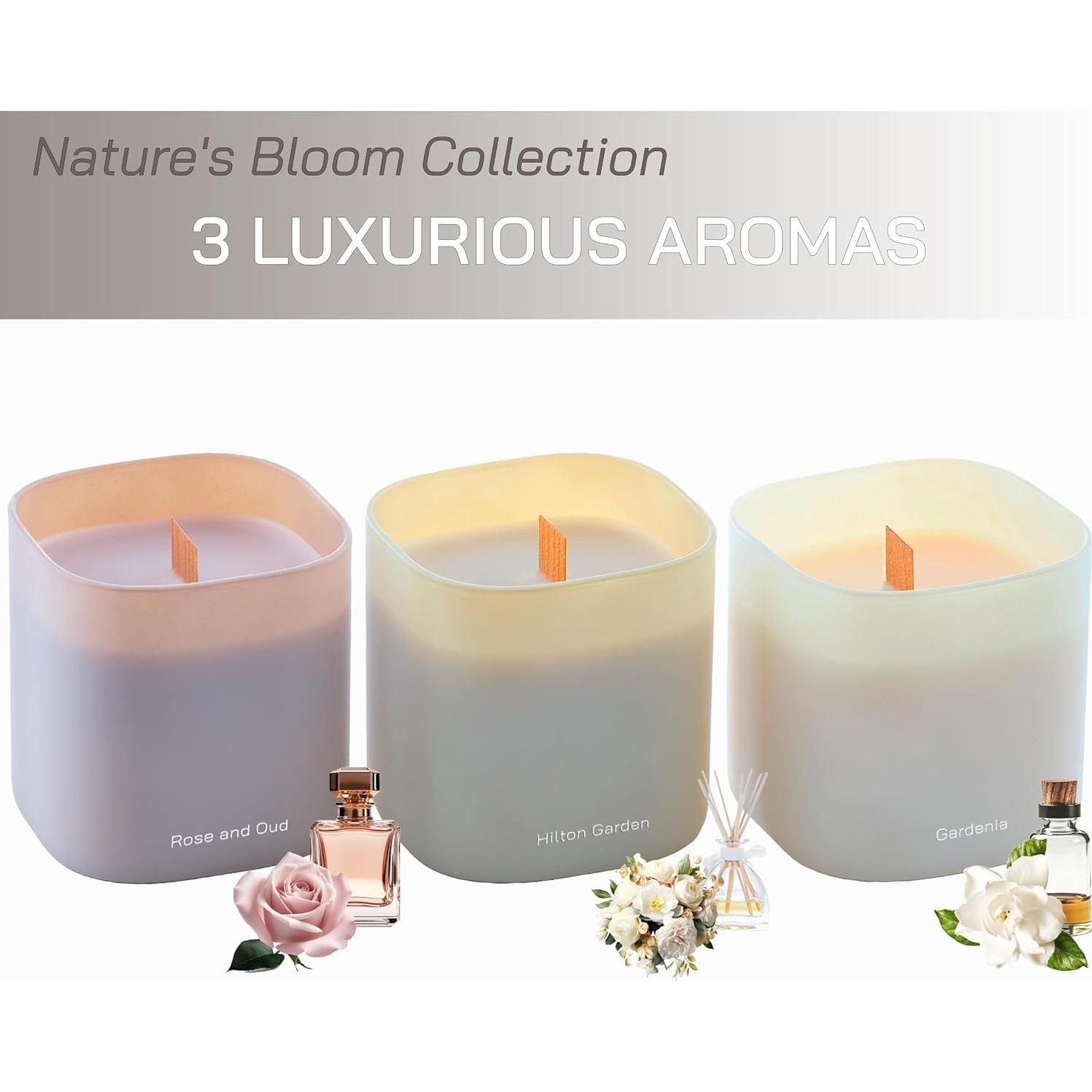 Juego de 3 Velas Aromáticas de Soja Lumi - Gardenia, Hilton Garden y Rosa & Oud - 50 Horas Quema Limpia