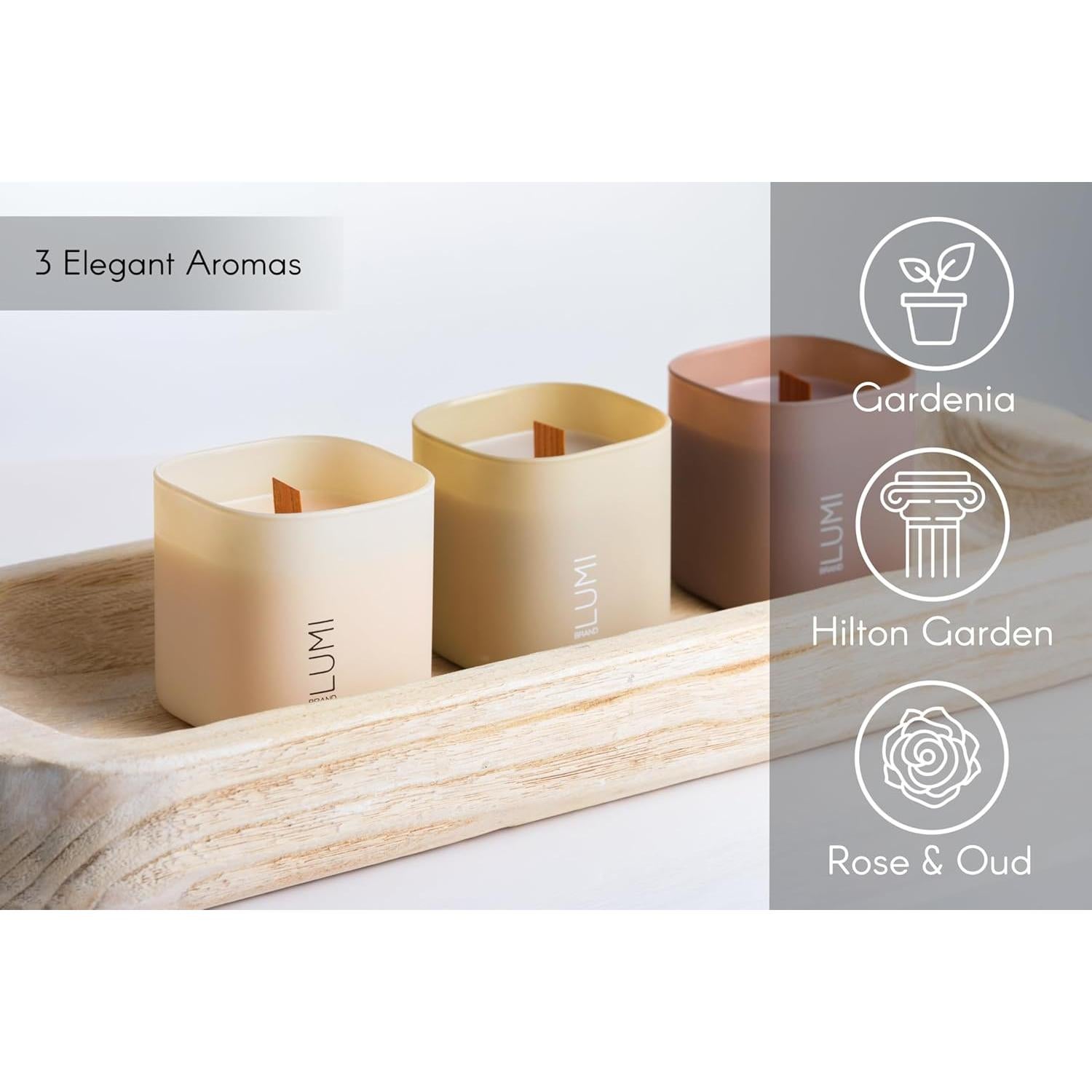 Juego de 3 Velas Aromáticas de Soja Lumi - Gardenia, Hilton Garden y Rosa & Oud - 50 Horas Quema Limpia