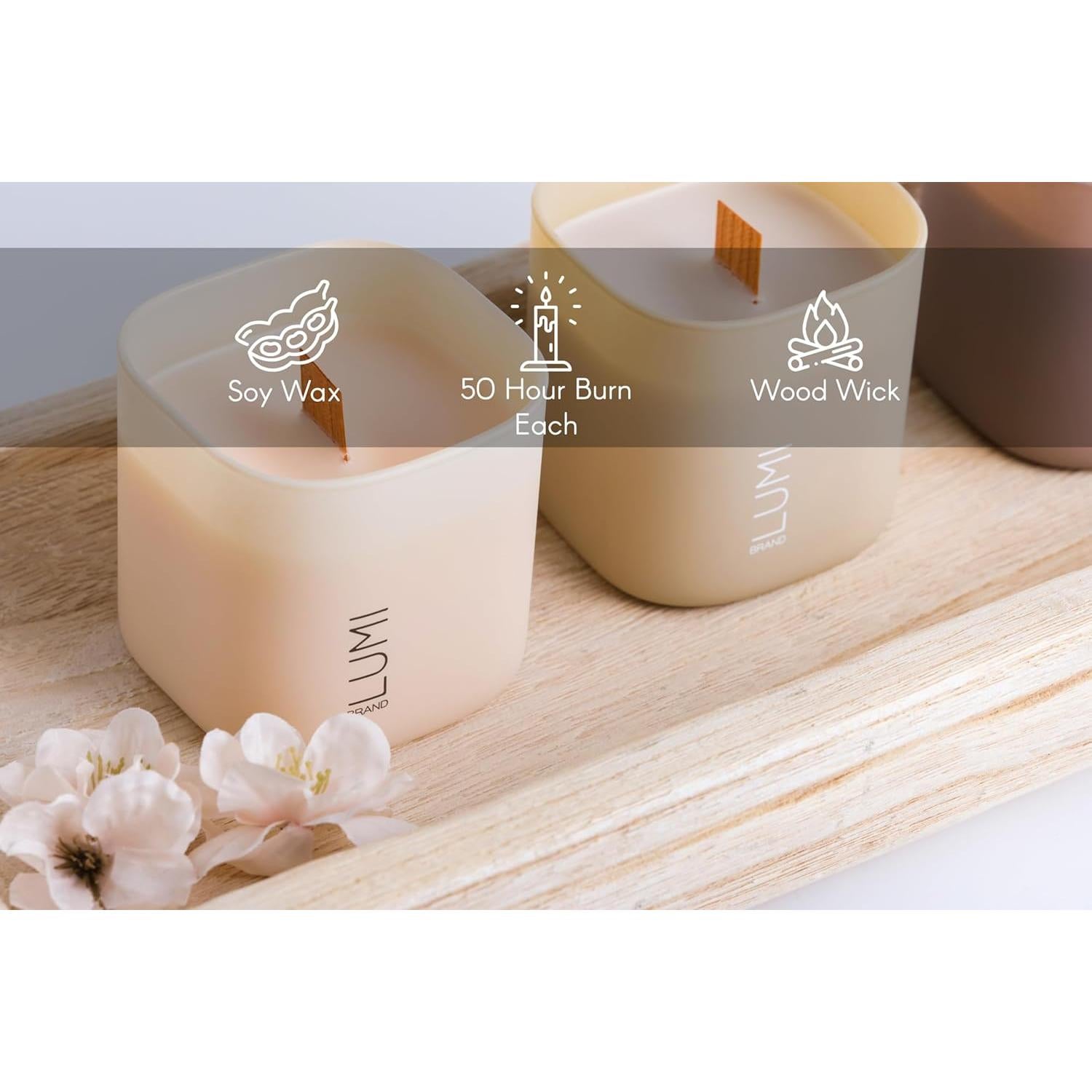 Juego de 3 Velas Aromáticas de Soja Lumi - Gardenia, Hilton Garden y Rosa & Oud - 50 Horas Quema Limpia