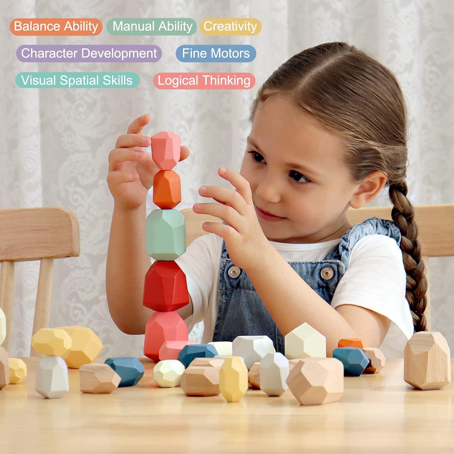 BESTAMTOY 36 Rocas de Madera para Apilamiento Montessori