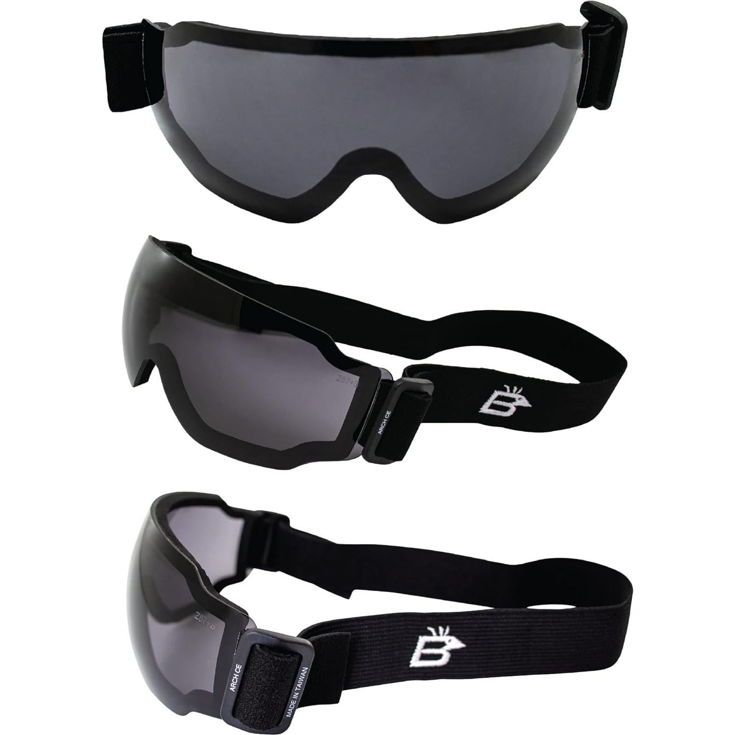 Birdz Eyewear Arch Safety Sky Diving Motorcycle Goggles for Men & Women ANSI Z78.1+ 2 Pairs Clear and Smoke Lenses