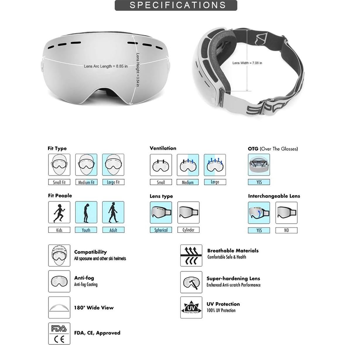 Gafas de Esquí SPOSUNE UV400 Antivaho para Hombres y Mujeres