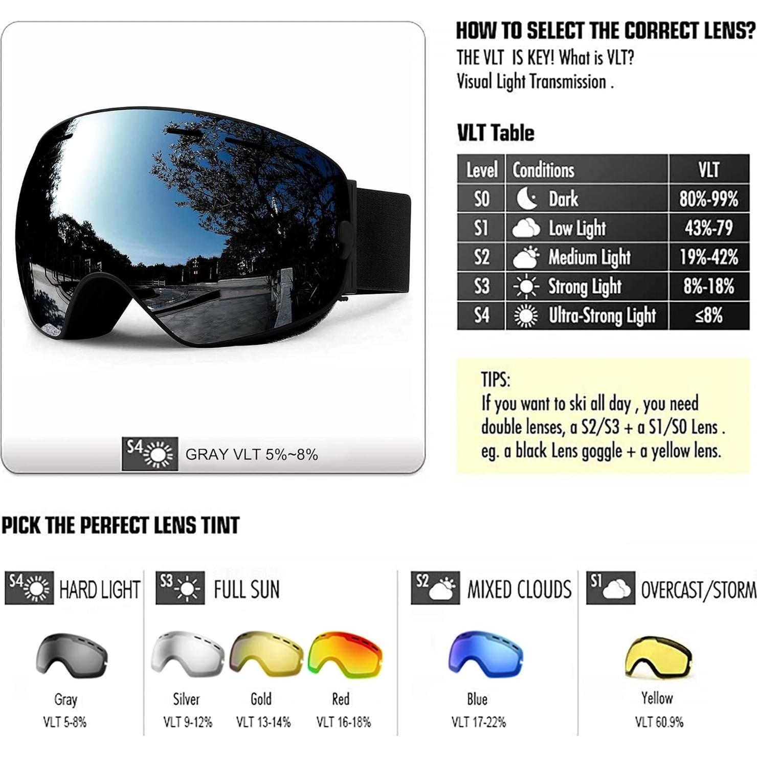 Gafas de Esquí SPOSUNE UV400 Antivaho para Hombres y Mujeres