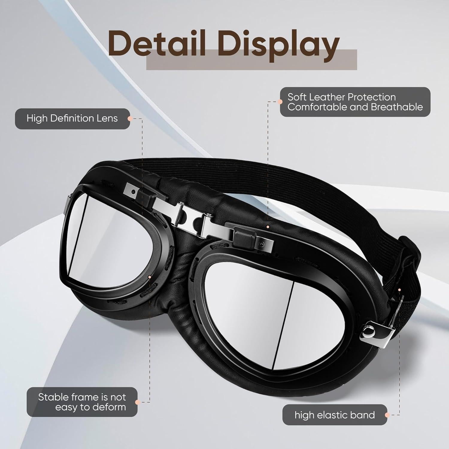 Gafas de Moto Vintage Piloto Negro con Lentes Transparentes