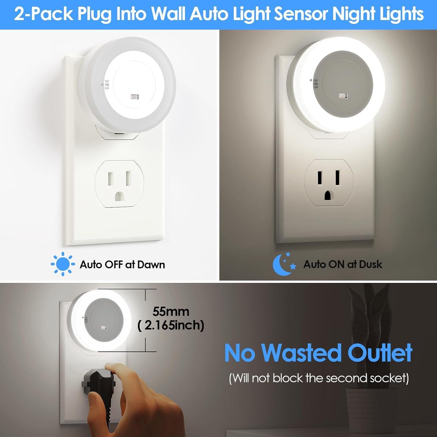 Luz Nocturna LED Regulable con Sensor Crepúsculo 2 Unidades