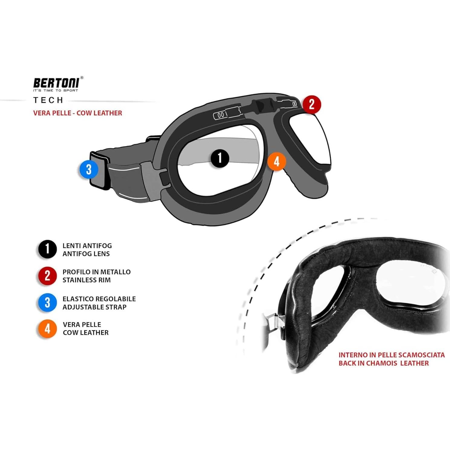 Gafas de Moto Bertoni AF191L Cuero Negro Antifog UV