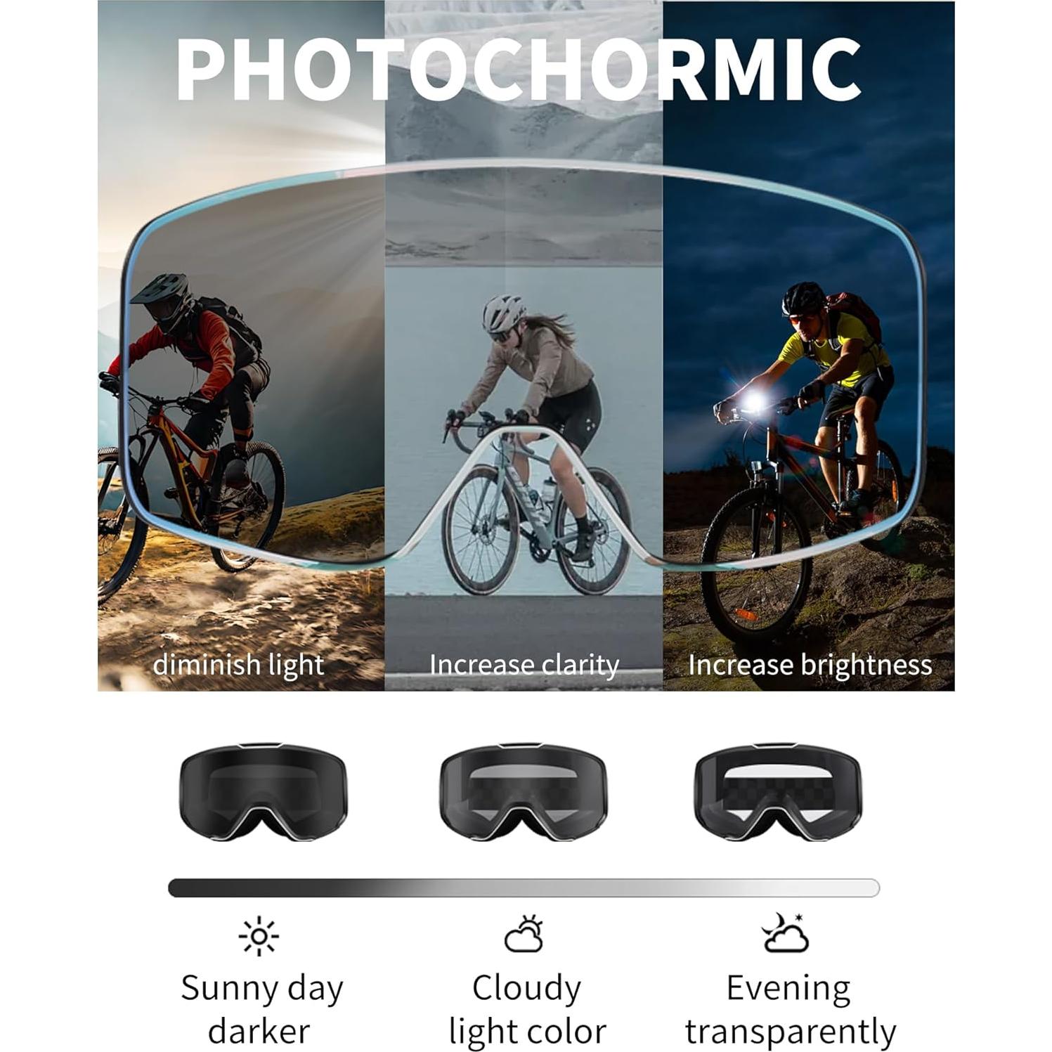 Photochromic Motorcycle Goggles Impact Resistance for Men Women UV400 Motorcycle Riding Glasses Anti-fog Cycling