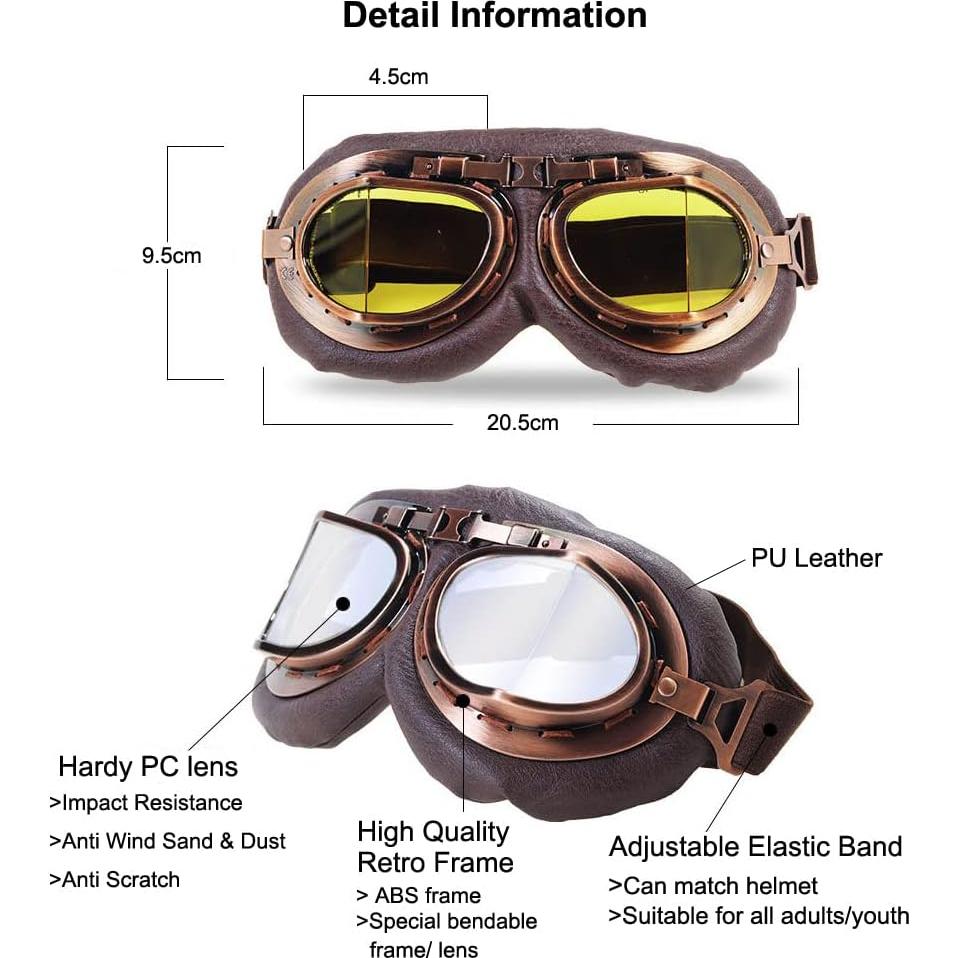 Gafas de Motocicleta Retro Hallwayee con Lente Plateada