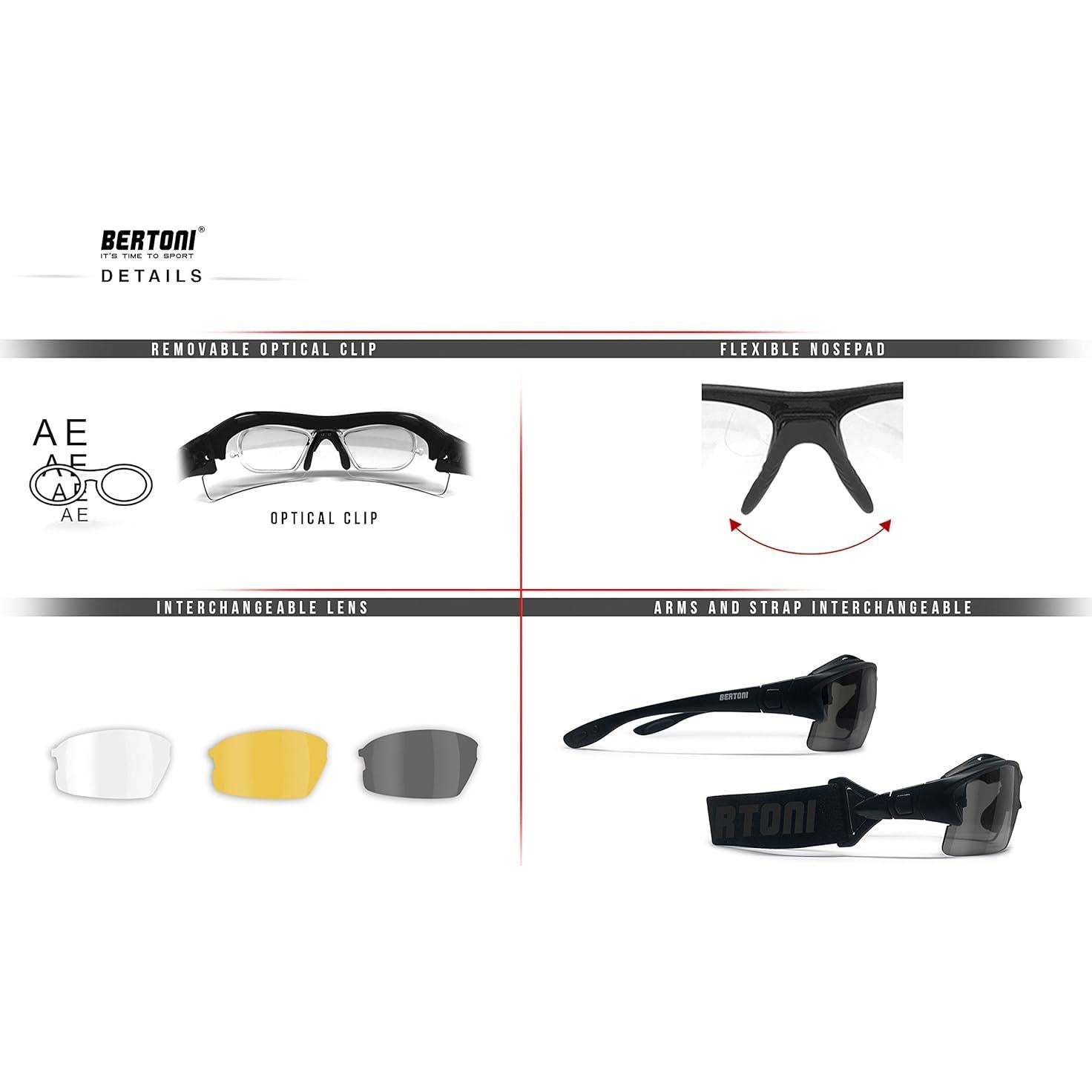 Gafas de sol deportivas Bertoni con clip óptico y 3 lentes